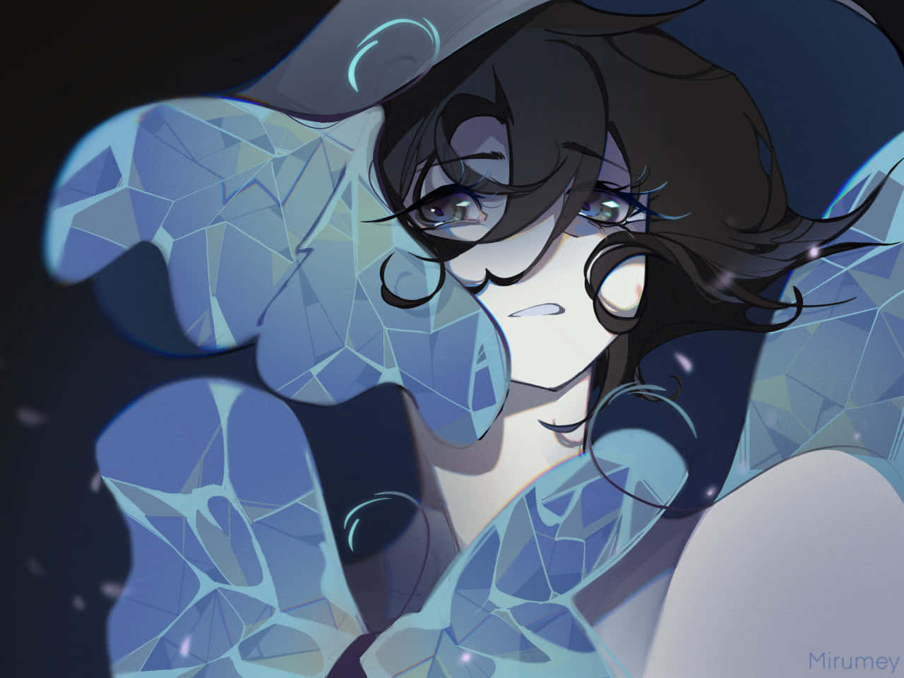 Mayuri Shiina 桌布 壁紙 — 一個憂鬱的動漫女孩，深色頭髮，發光的眼睛，被水晶般的藍色翅膀包圍，背景是深色的。