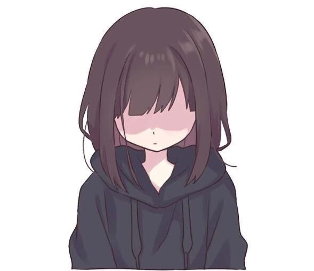 Menhera Chan 桌布 壁紙 — 一個憂鬱的動漫女孩，深色頭髮，穿著黑色連帽衫，低頭看著，臉頰微微泛紅。