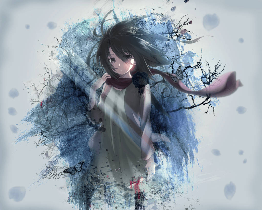 Mikasa 桌布 壁紙 — 一個憂鬱的動漫女孩，深色頭髮，紅色圍巾，站在藍色水彩飛濺和帶有蝴蝶的裸露樹枝中。