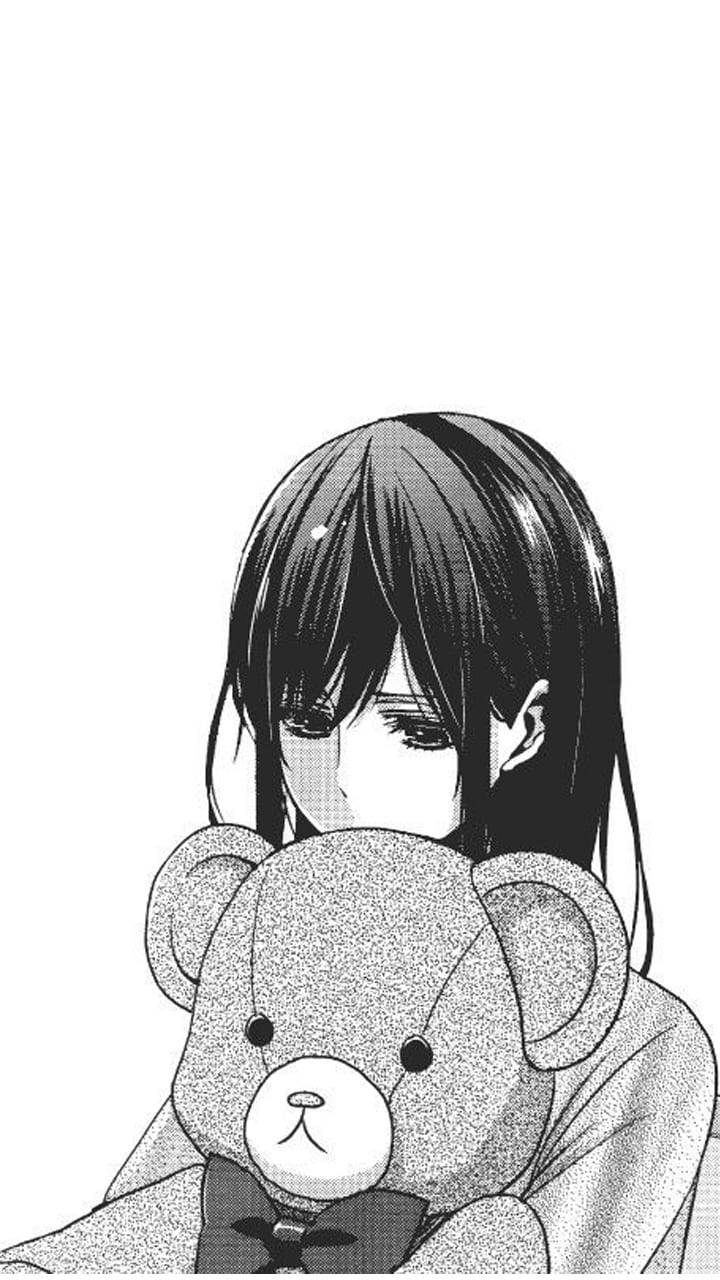 aesthetic sad anime girl 桌布 壁紙 — 一個憂鬱的動漫女孩，深色頭髮，緊緊抱著一隻泰迪熊，背景是純白色。