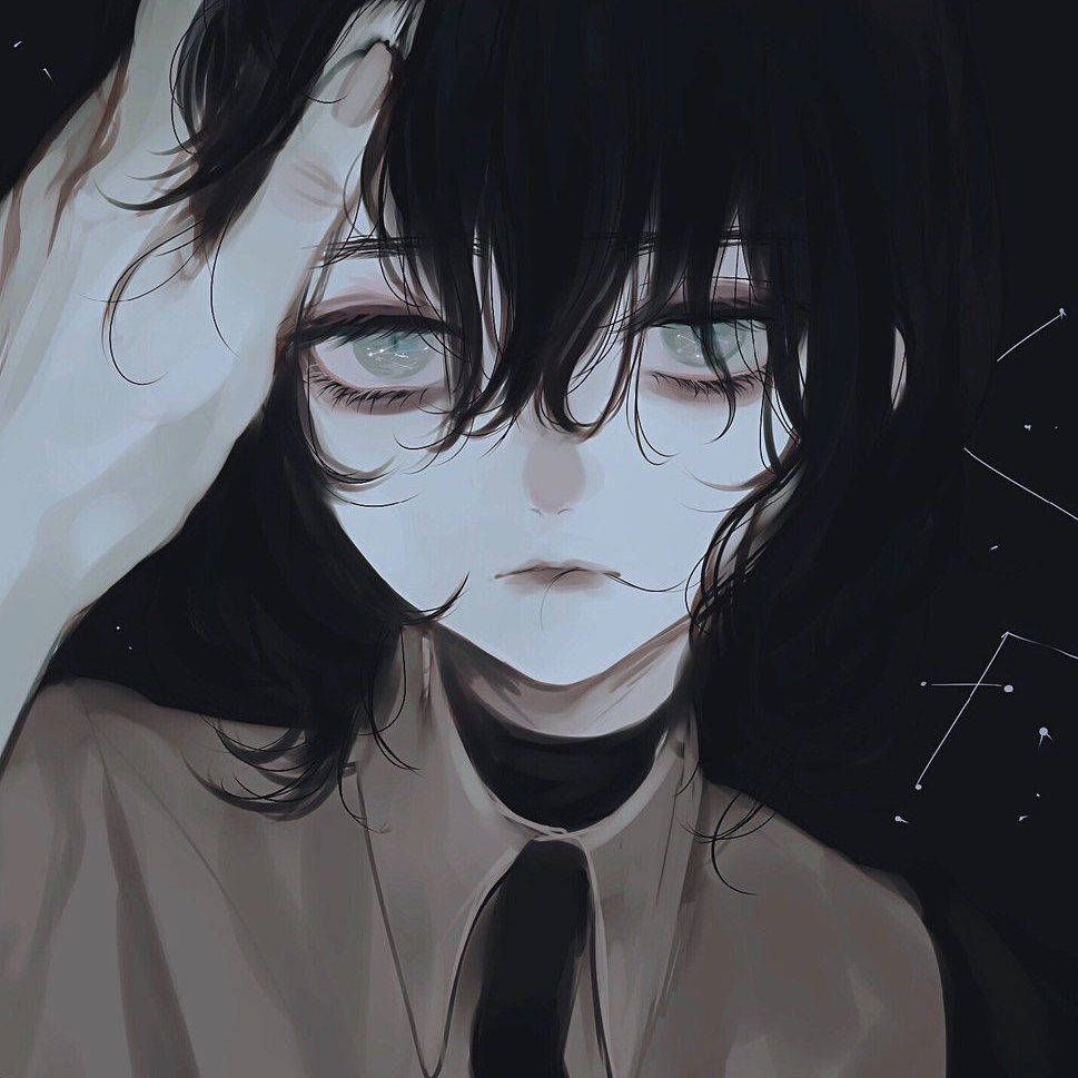 Edgy 桌布 壁紙 — 一個憂鬱的動漫女孩，深色頭髮，蒼白皮膚，在繁星點點的夜空背景下將頭靠在手上。