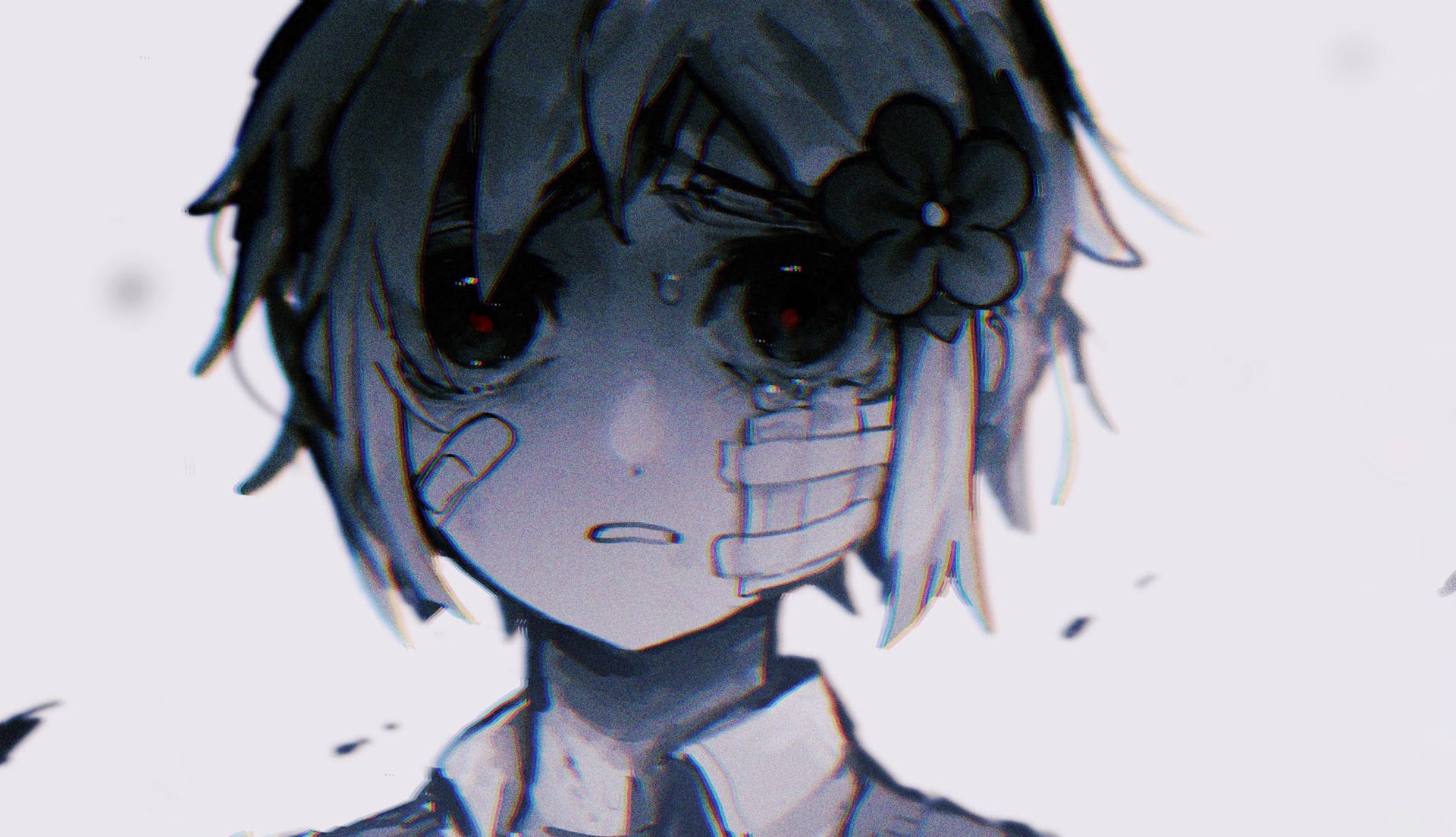 動漫女孩嘴上貼著膠帶，頭髮上插著花，在白色背景下輕輕哭泣。 — Omori GIF 壁紙