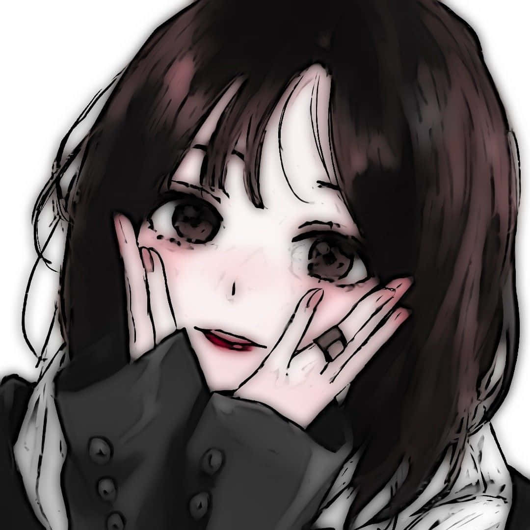 Cute Anime Profile 桌布 壁紙 — 一個憂鬱的動漫女孩，深色頭髮和大眼睛，雙手輕輕捧著臉，背景是純白色。