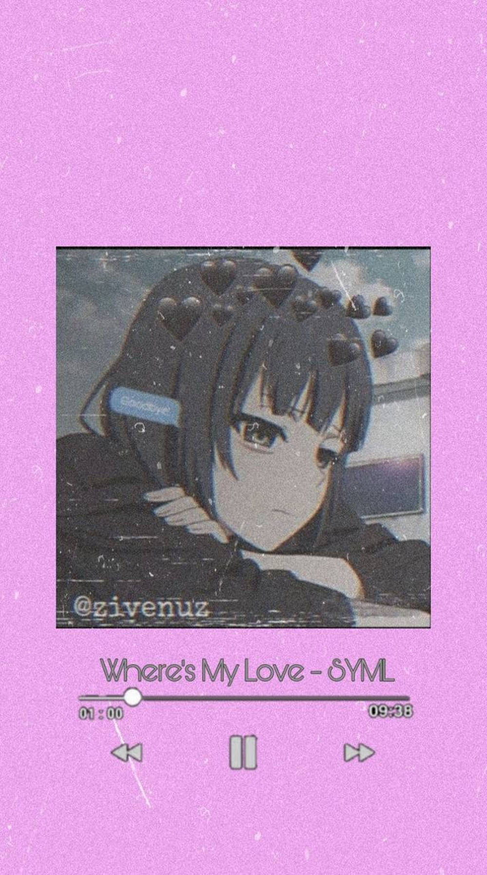 動漫女孩 桌布 壁紙 — 一個憂鬱的動漫女孩，深色頭髮和漂浮的心形，出現在粉紅色紋理的音樂播放器界面上。