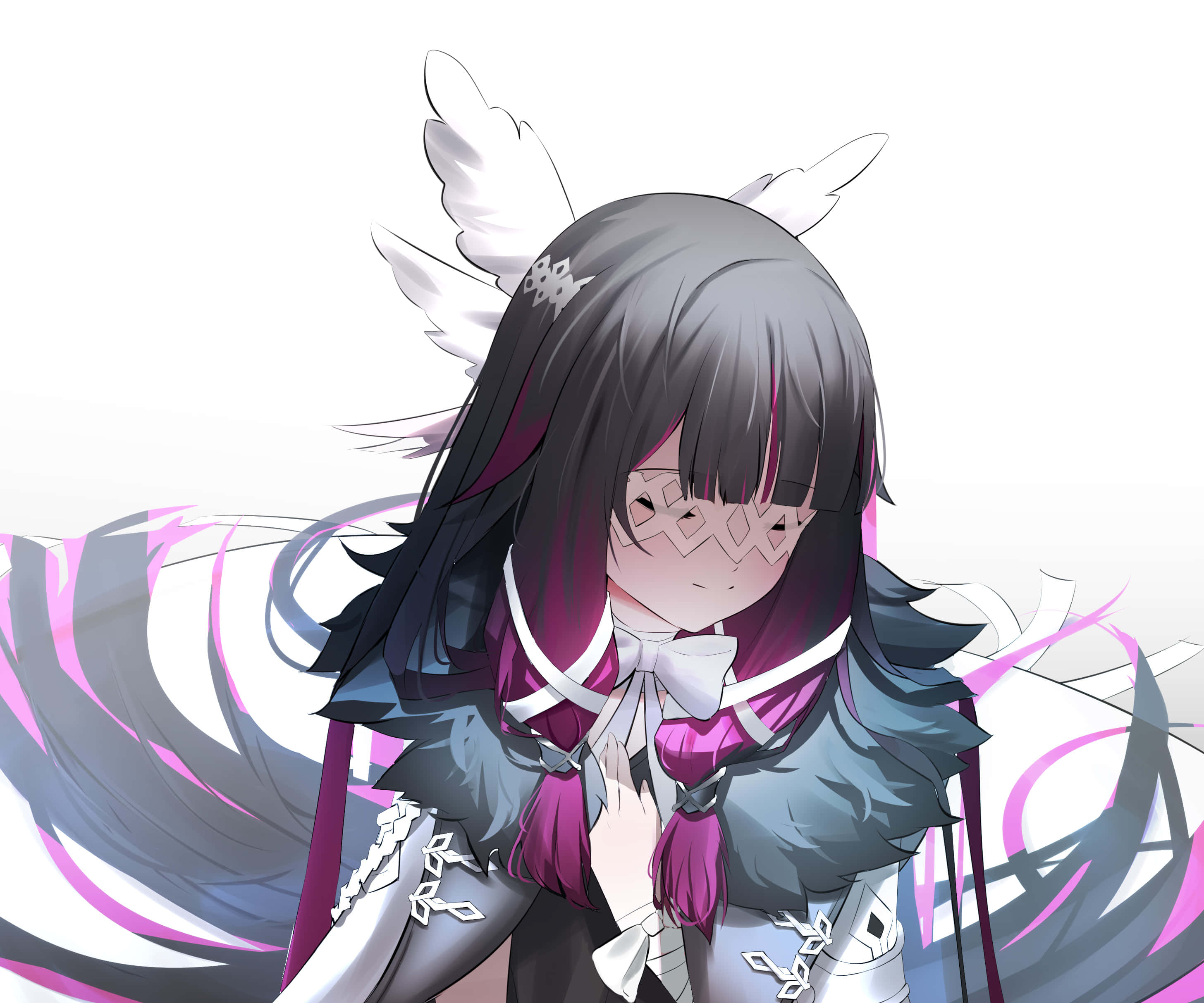 Genshin 桌布 壁紙 — 一個憂鬱的動漫女孩，深色頭髮和白色翅膀，穿著紫色和白色的服裝，背景是柔和的漸變色。