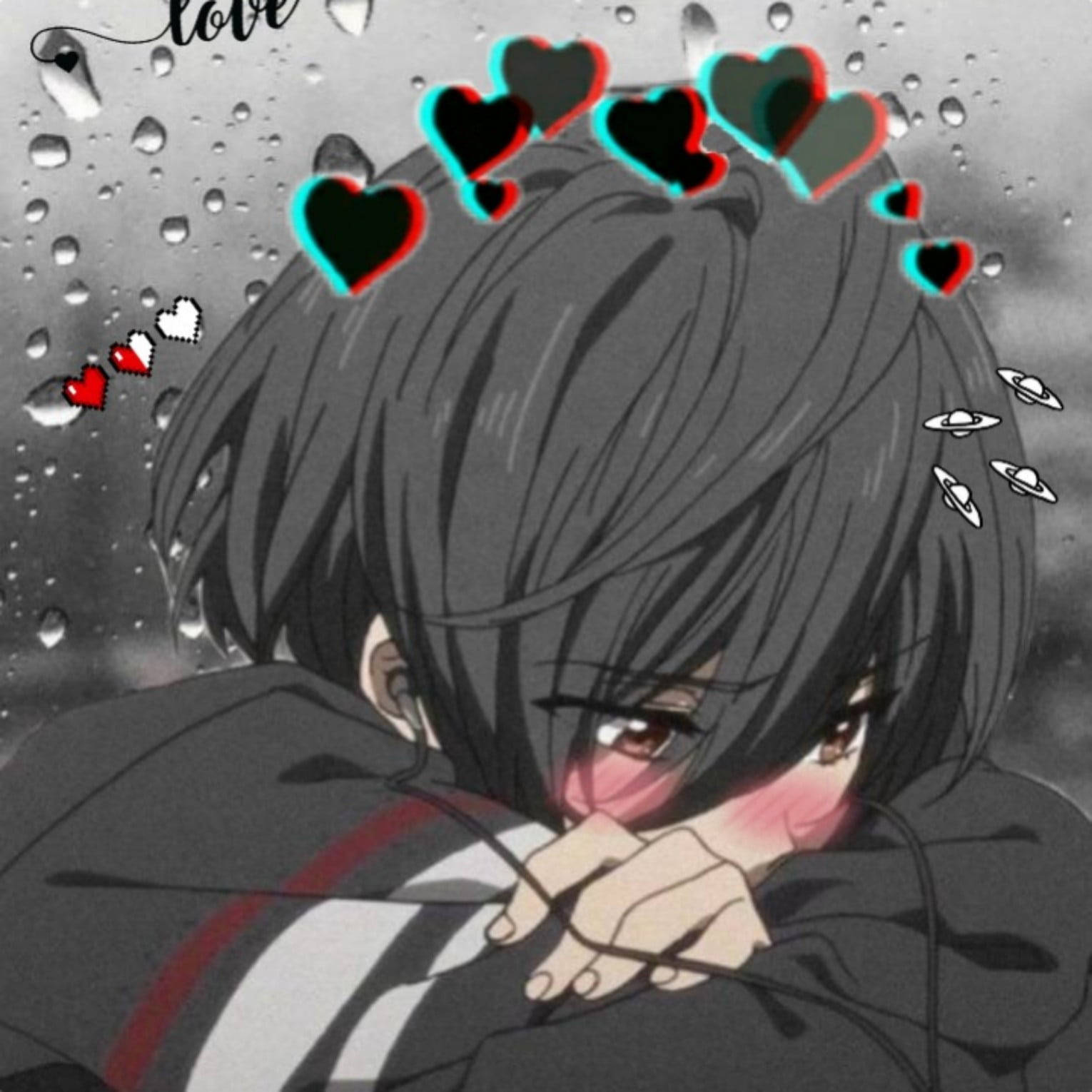 動漫男孩 桌布 壁紙 — 一個憂鬱的動漫女孩，深色頭髮和紅色的臉頰，在雨滴落下和心形漂浮時將臉藏在手臂中。