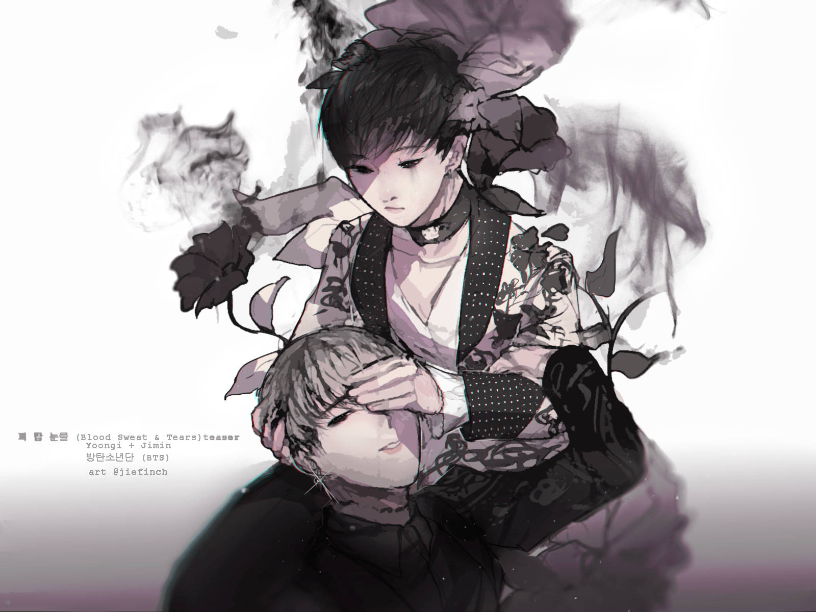 BTS 桌布 壁紙 — 一個憂鬱的動漫女孩，深色頭髮和花卉圖案，在單色煙霧繚繞的氛圍中輕輕遮住一個男孩的眼睛。