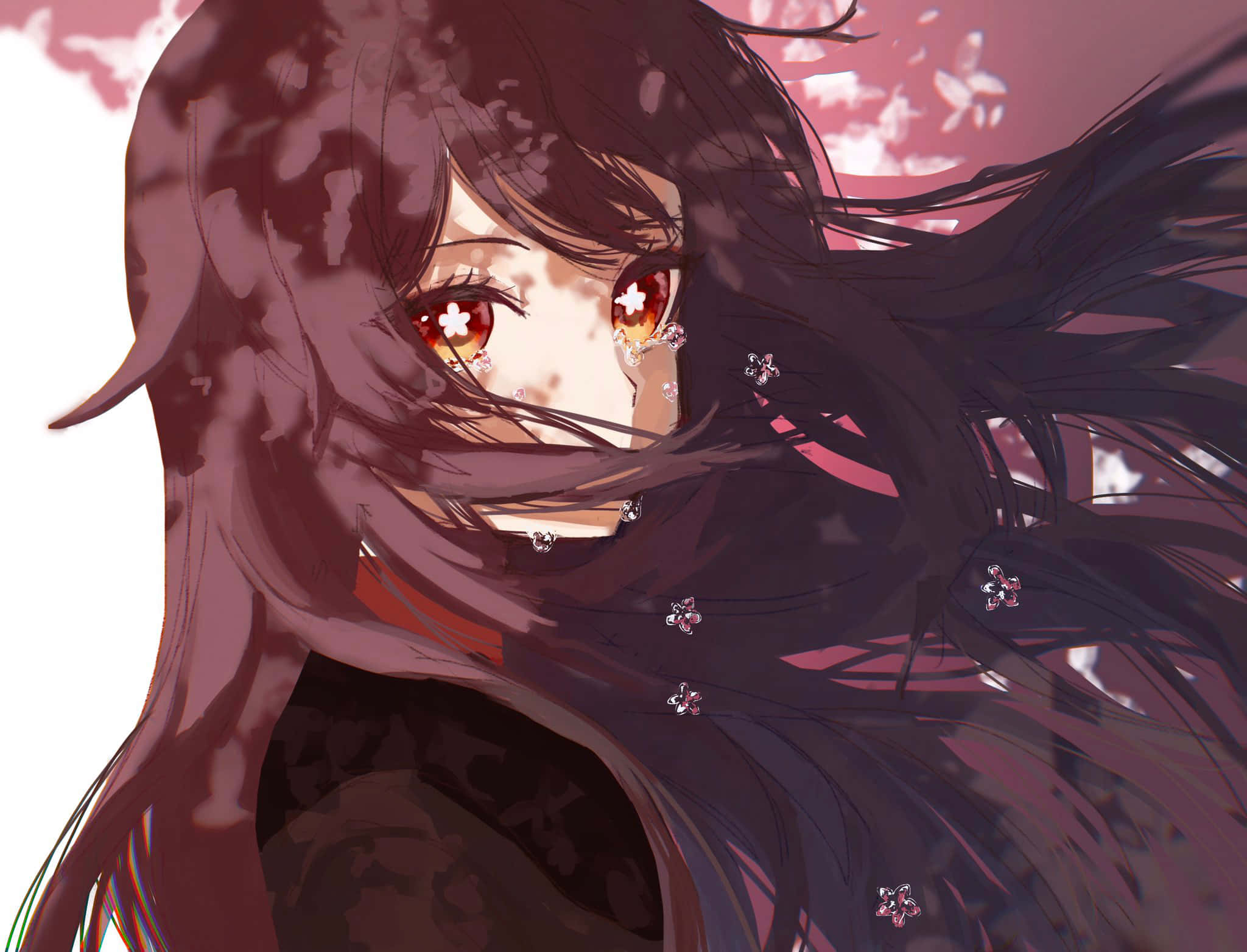 crying anime 桌布 壁紙 — 一個憂鬱的動漫女孩，深色頭髮和花朵圖案的眼睛，凝視著飄落的櫻花。