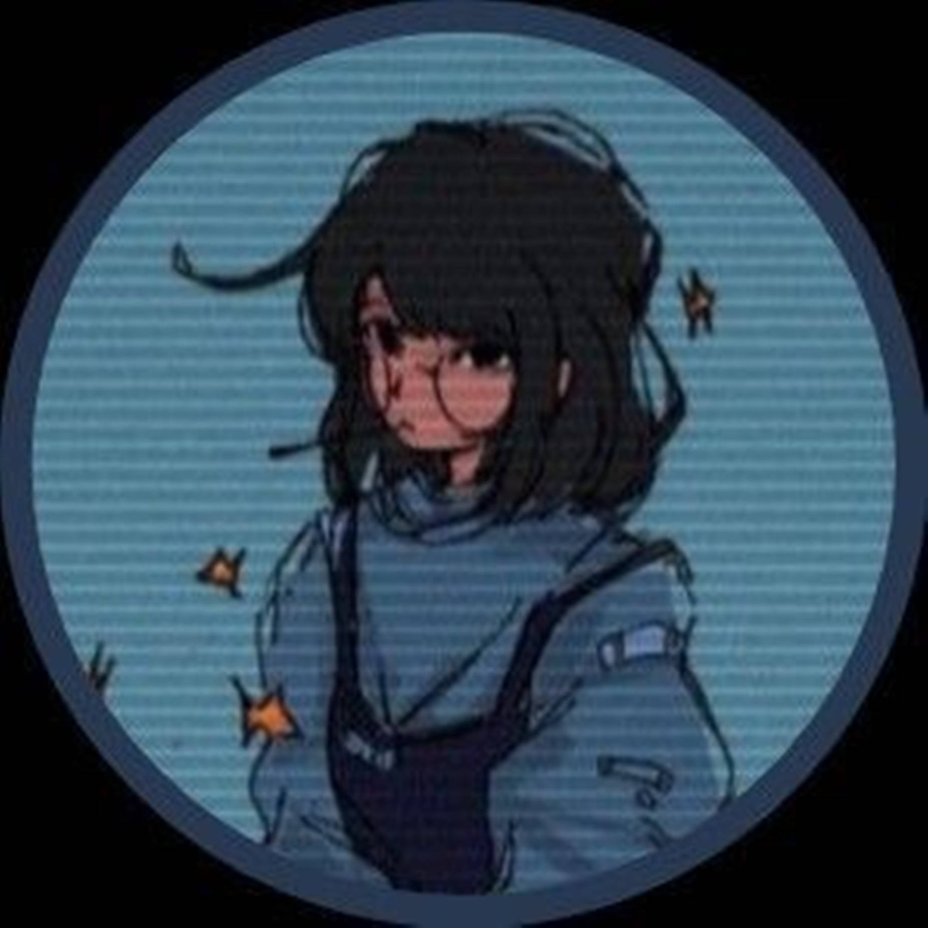 戴眼鏡深色頭髮的動漫女孩，在藍色條紋背景上被橙色星星環繞。 — Emo 美學 GIF 壁紙