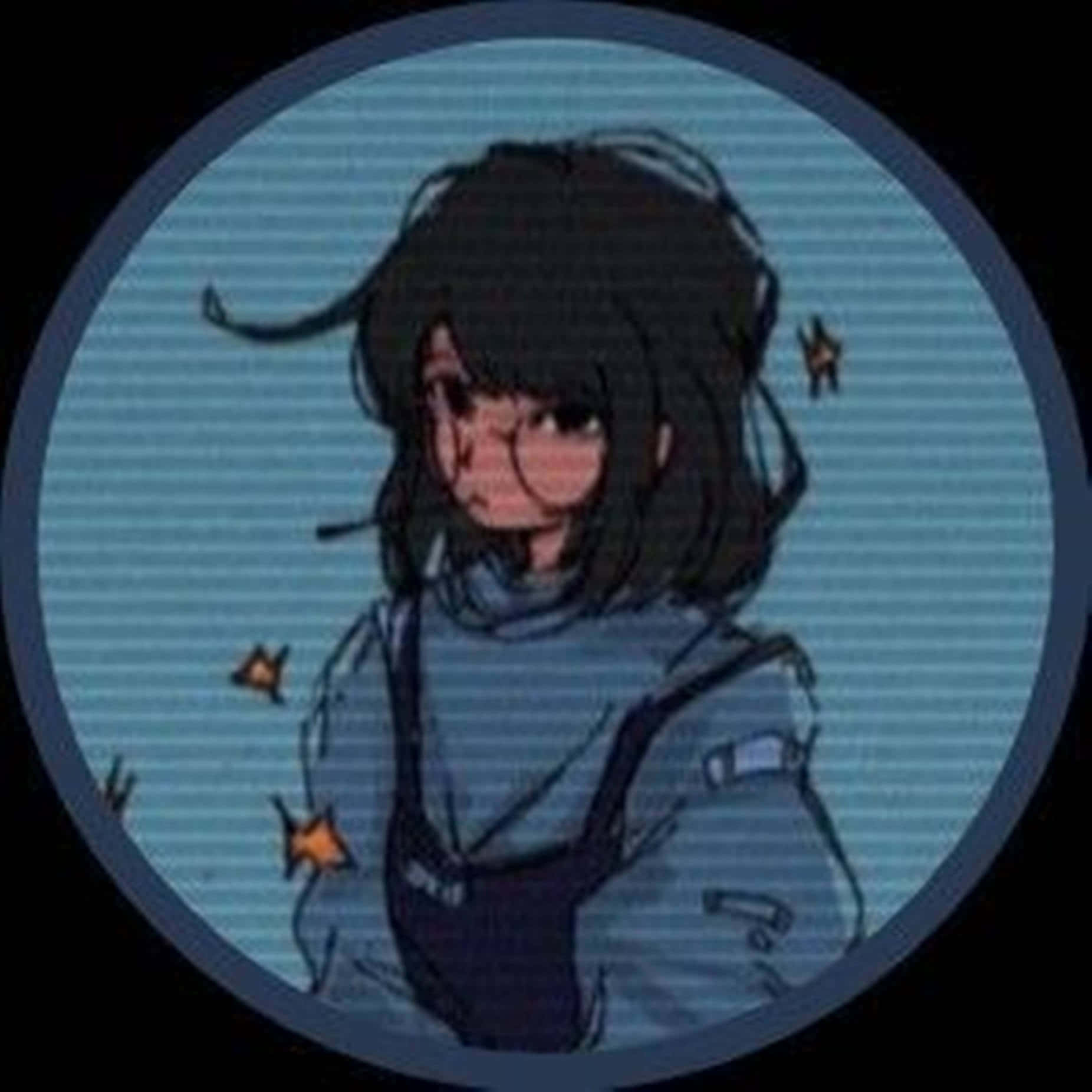 高清 桌布 壁紙 — 一個憂鬱的動漫女孩，深色頭髮戴著眼鏡，在藍色條紋背景上凝視著漂浮的橙色星星。
