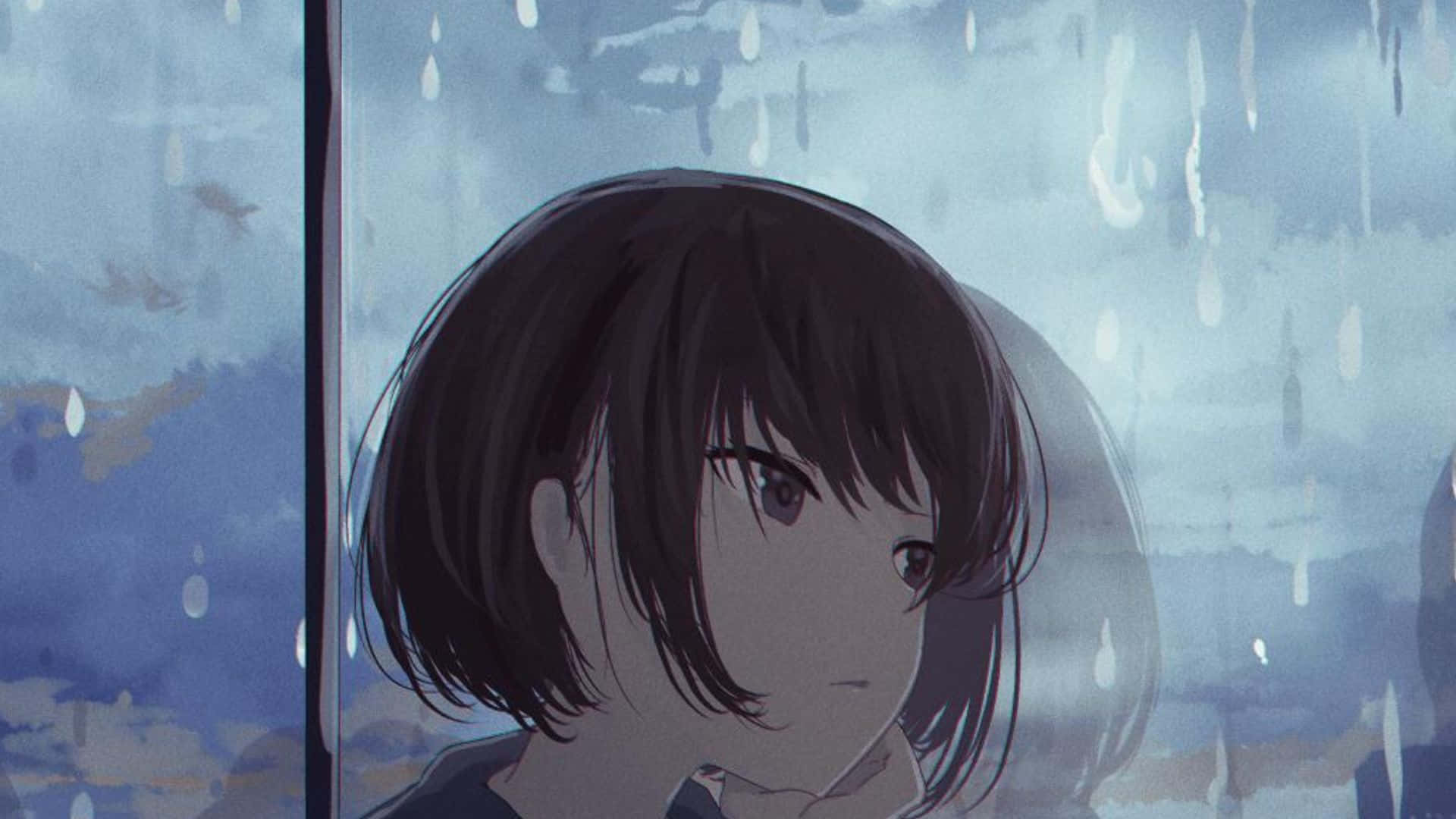 動漫女孩 桌布 壁紙 — 一個憂鬱的動漫女孩，留著黑色短髮，凝視著雨痕斑斑的窗外陰沉的藍天。