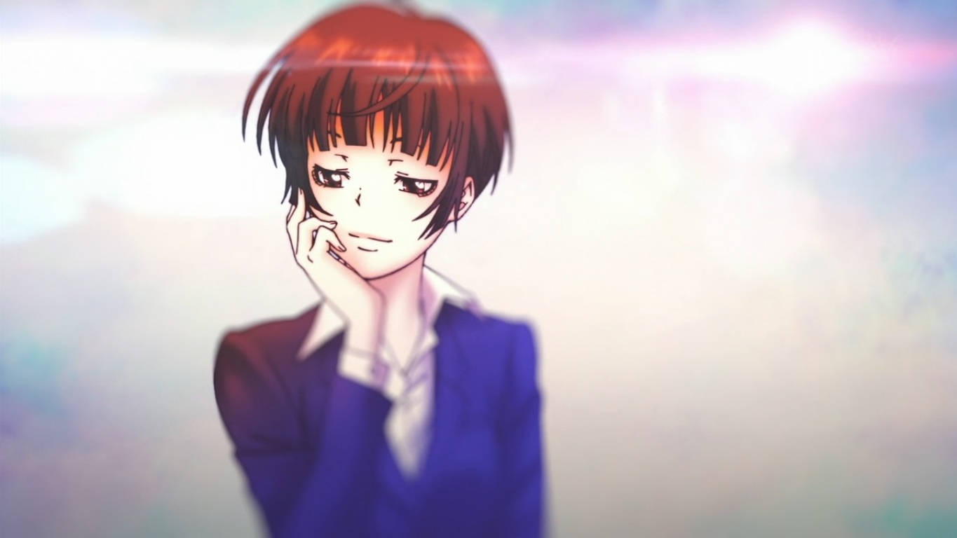 psycho 桌布 壁紙 — 一個憂鬱的動漫女孩，短紅髮，手托下巴，背景是柔和粉彩天空。