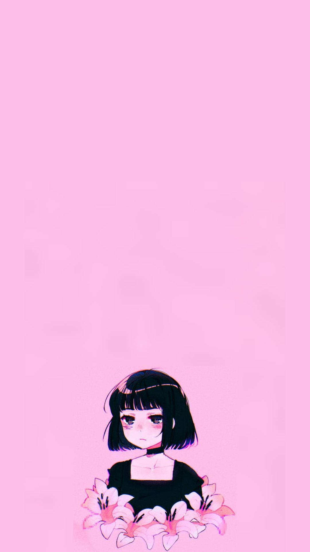 girls 桌布 壁紙 — 一個憂鬱的動漫女孩，短黑髮和粉紅百合，坐在柔和的粉紅背景前。
