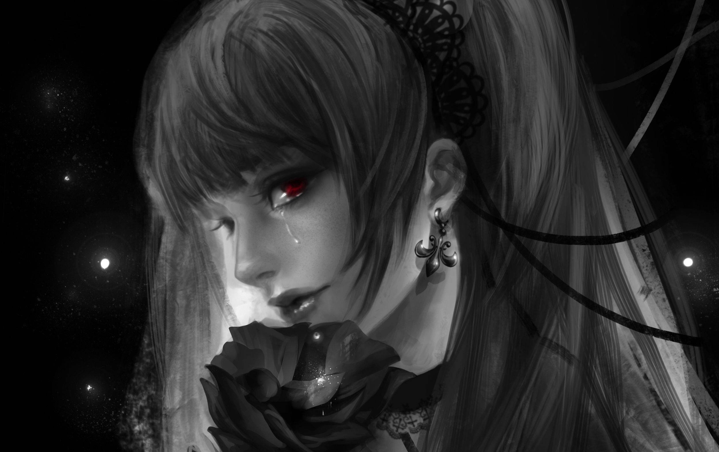 Misa 桌布 壁紙 — 一個憂鬱的動漫女孩，紅眼睛，戴著黑色面紗，在星空下拿著一朵玫瑰。