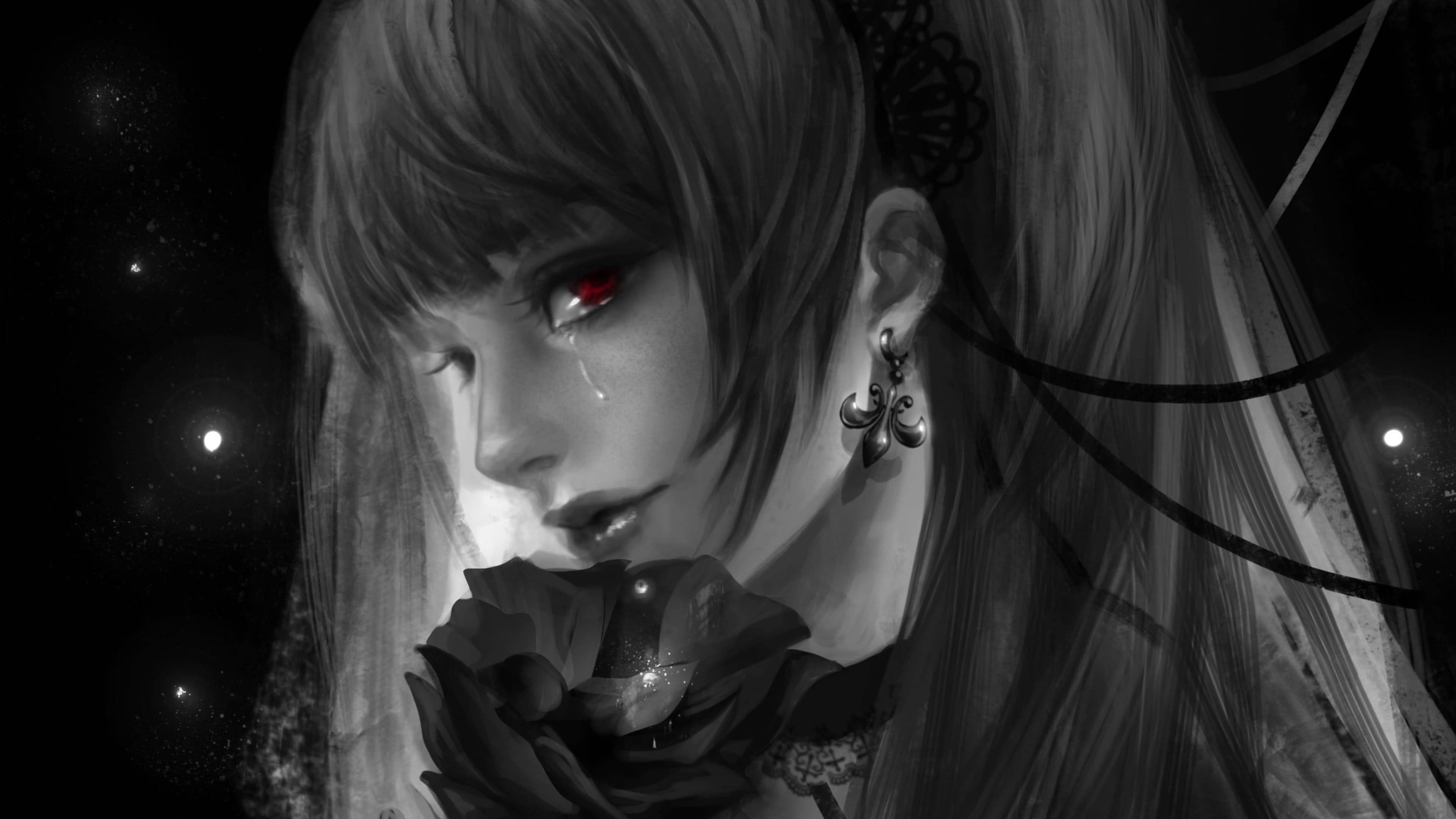 Goth 桌布 壁紙 — 一個憂鬱的動漫女孩，紅眼睛，流著淚，在繁星點點的夜空下拿著一朵黑玫瑰。