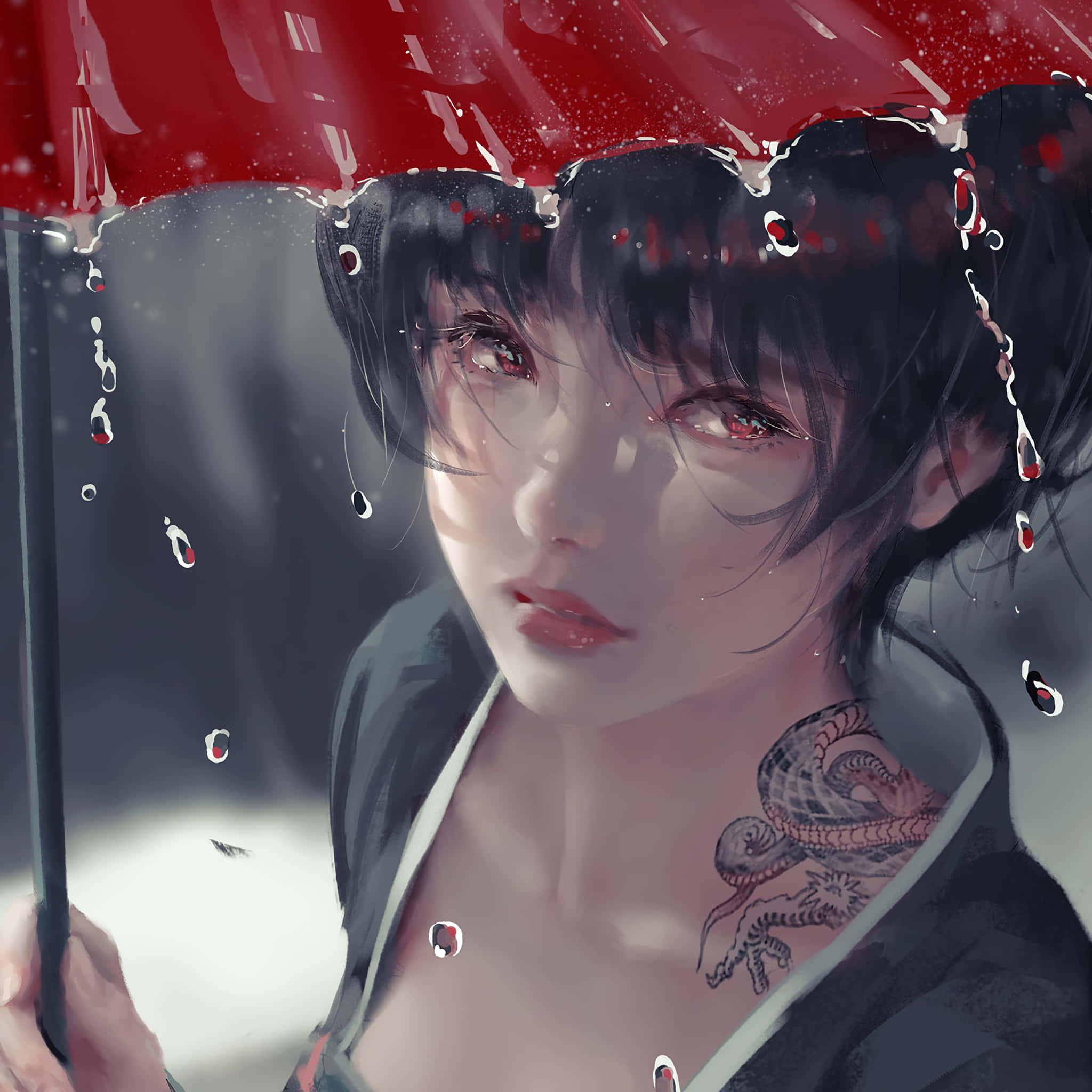 Beautiful Anime 桌布 壁紙 — 一個憂鬱的動漫女孩，紅眼睛和龍紋身，在雨滴落下的時候撐著一把紅傘。