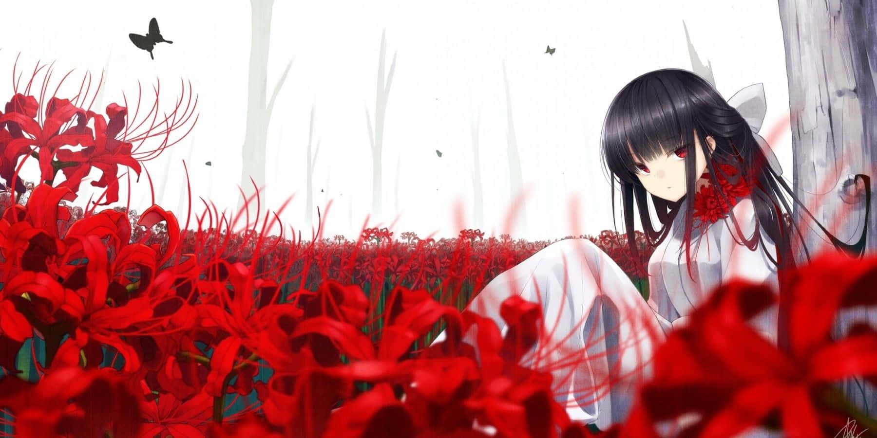 Anime Flower 桌布 壁紙 — 一個憂鬱的動漫女孩，紅色的眼睛，坐在霧氣瀰漫的森林空地中，周圍是鮮紅色的彼岸花。