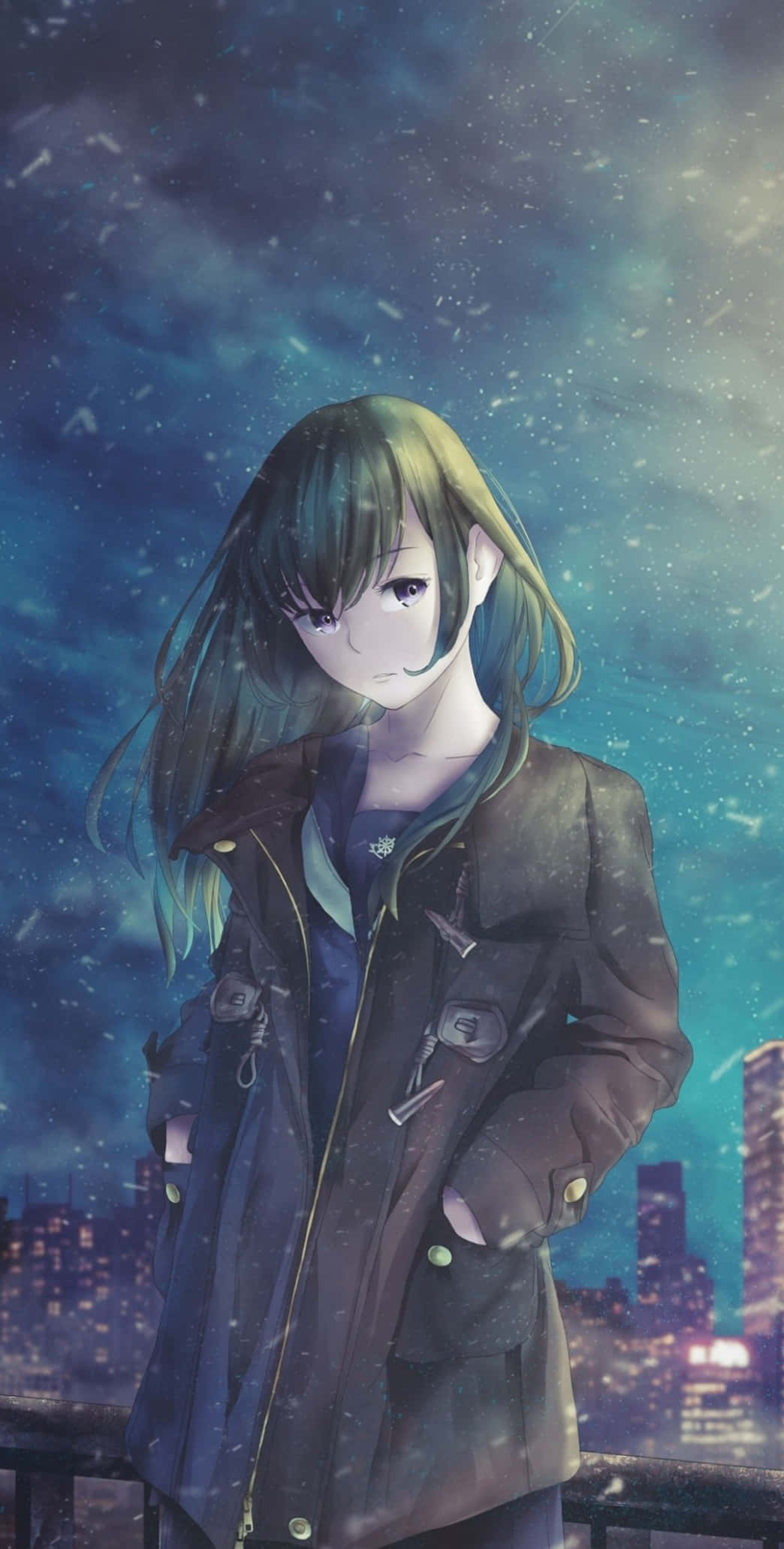 Sad Aesthetic Anime 桌布 壁紙 — 一個憂鬱的動漫女孩，綠色頭髮，站在雪景城市景觀中，在星空暮色天空下。