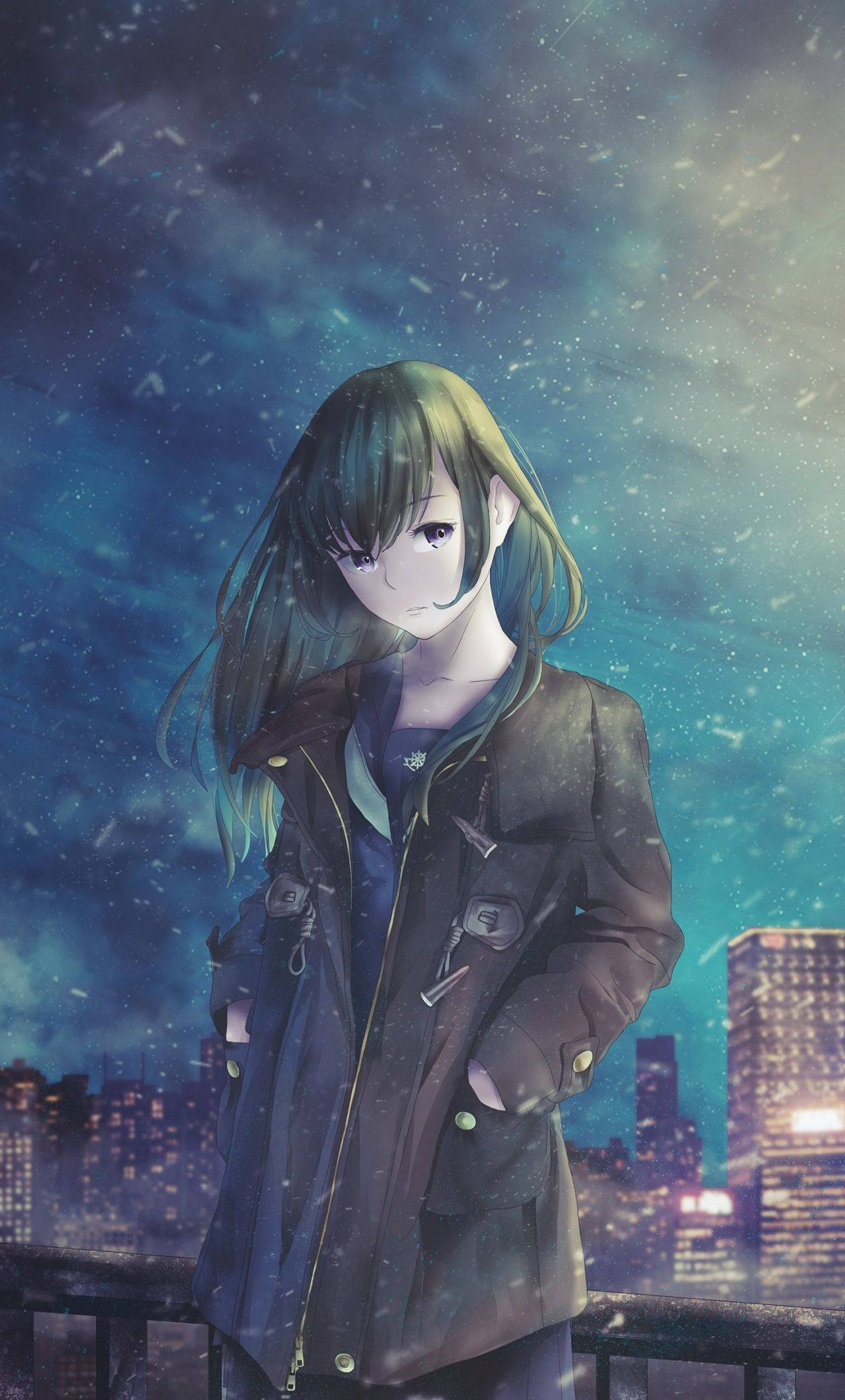 HD anime phone 桌布 壁紙 — 一個憂鬱的動漫女孩，綠色頭髮，站在夜晚的雪景城市中，穿著深色外套，背景是發光的城市景觀。