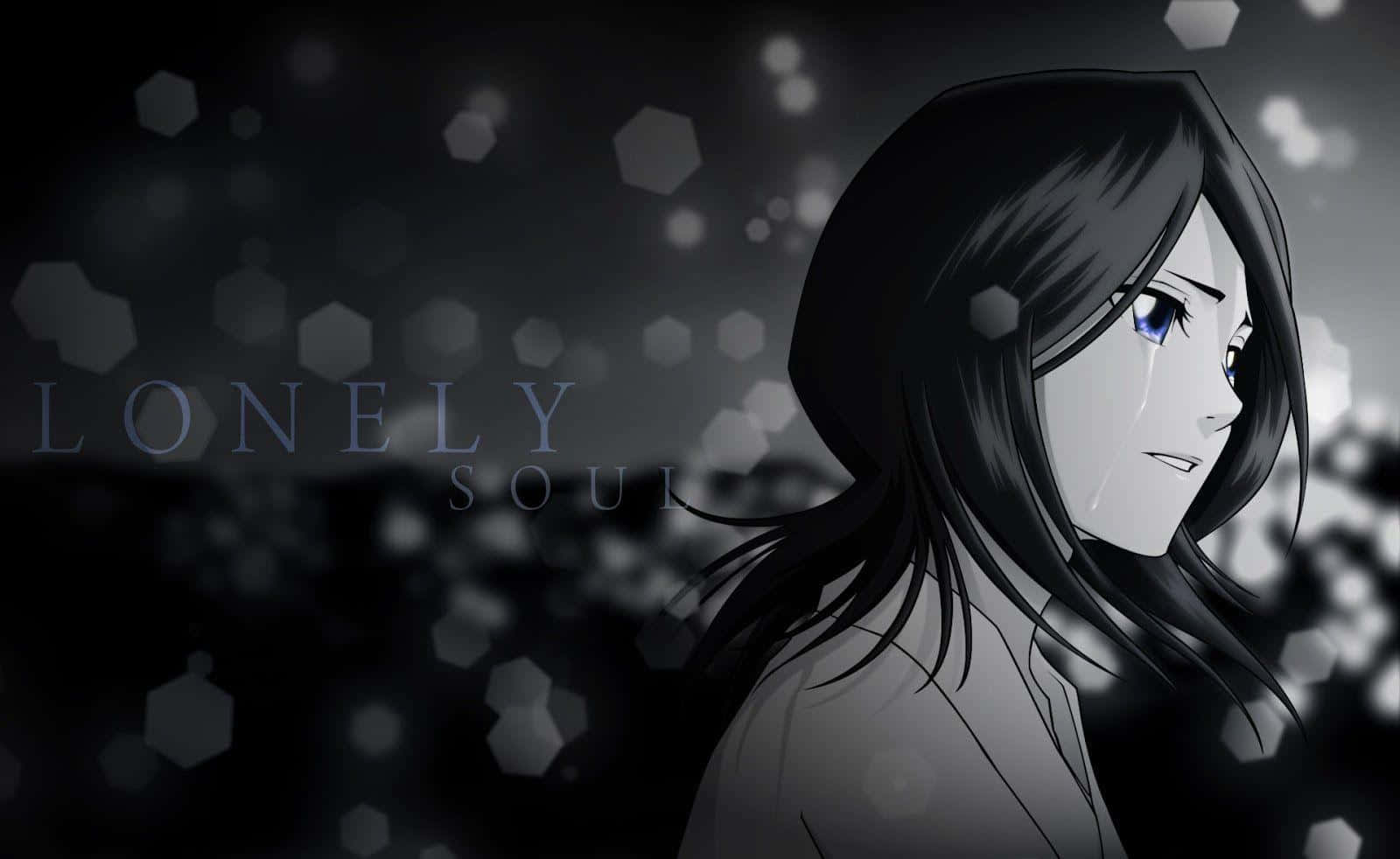 heartbreak 桌布 壁紙 — 一個憂鬱的動漫女孩，藍眼睛黑頭髮，側視著六邊形散景背景，上面有文字 lonely soul。
