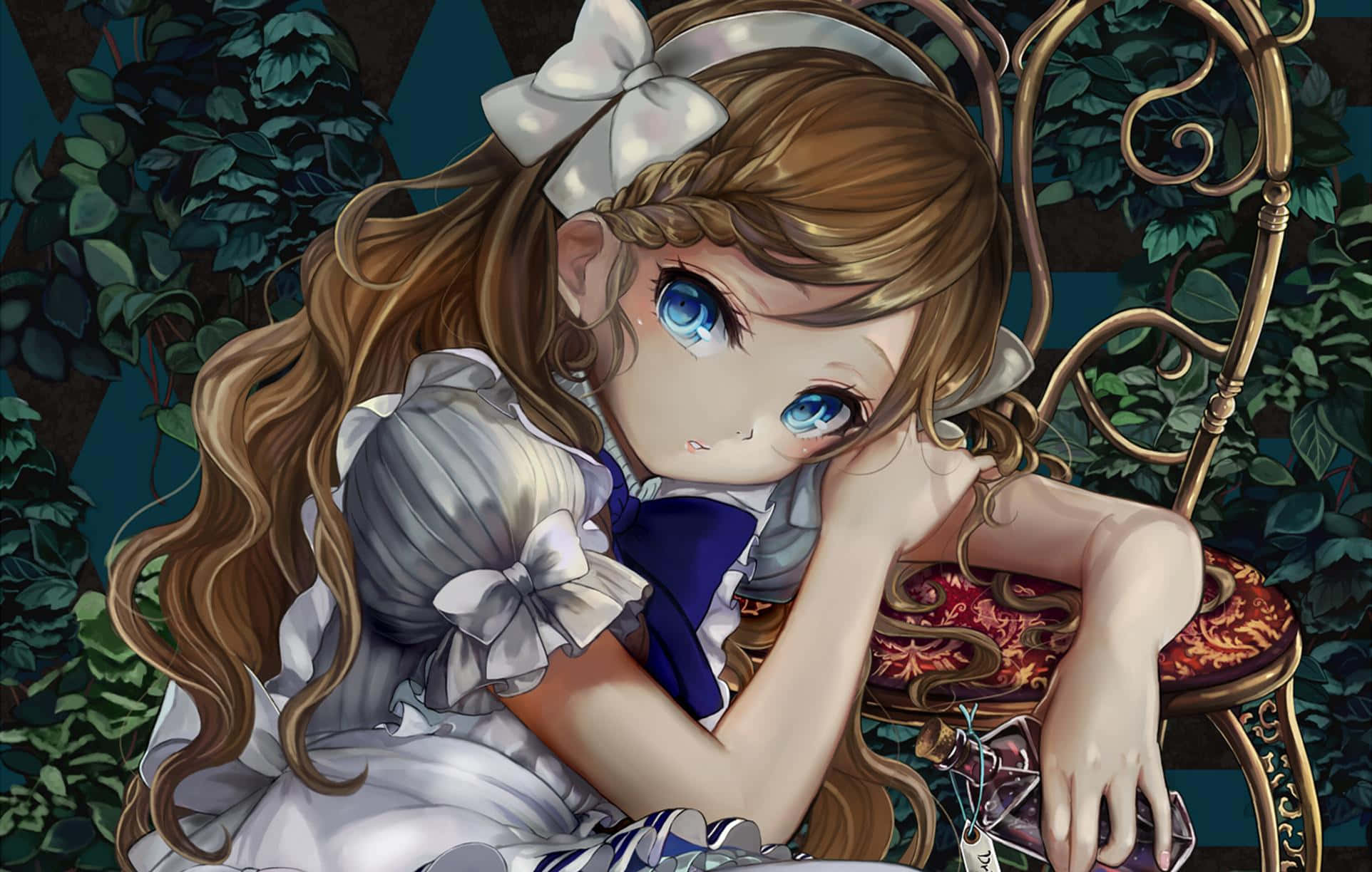 Alice Wonderland Aesthetic 桌布 壁紙 — 一個憂鬱的動漫女孩，藍色眼睛和辮子頭髮，坐在華麗的椅子上，周圍是茂密的綠色植物，她把手托著頭。