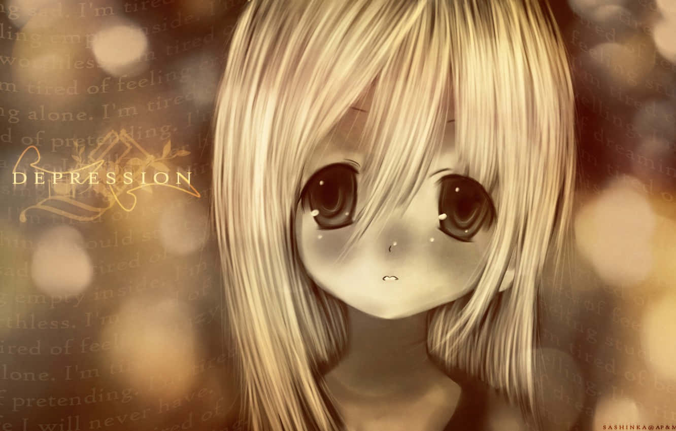 depressed anime 桌布 壁紙 — 一個憂鬱的動漫女孩，金髮，淚眼汪汪，在重複文字和「憂鬱」一詞的模糊背景前凝視前方。