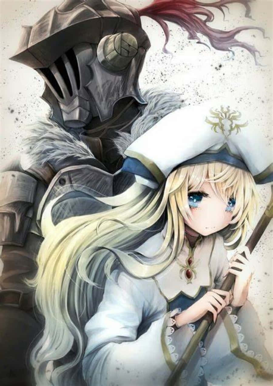 Goblin Slayer 桌布 壁紙 — 一個憂鬱的動漫女孩，金髮藍眼，緊握著一根法杖，旁邊是一位高大的紅馬尾鎧甲騎士。