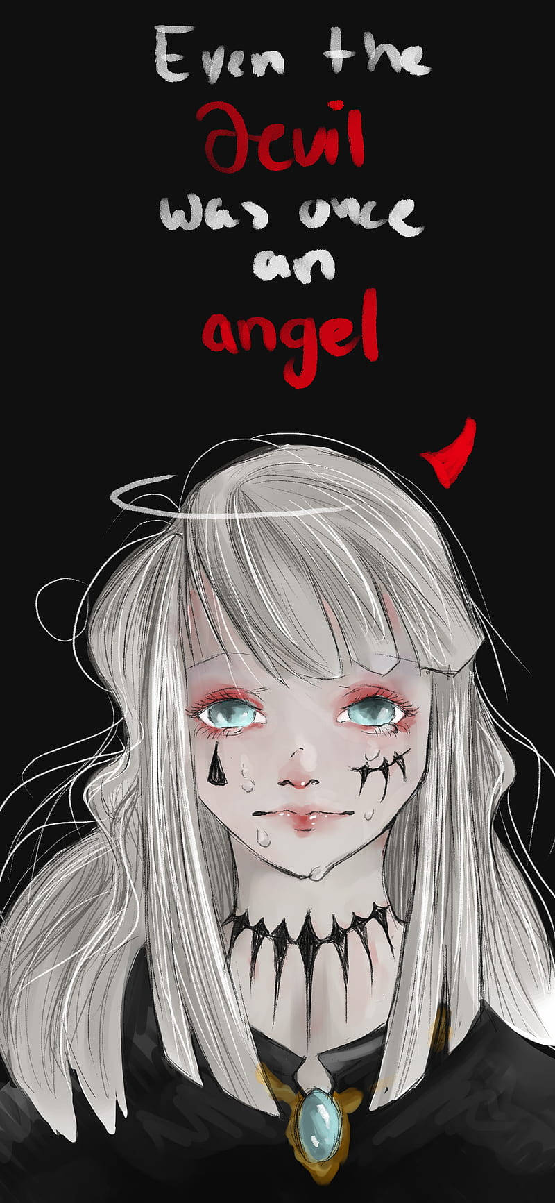 Sad Dark Anime 桌布 壁紙 — 一個憂鬱的動漫女孩，銀色頭髮和光環，在黑色背景旁出現紅色惡魔角時哭泣。