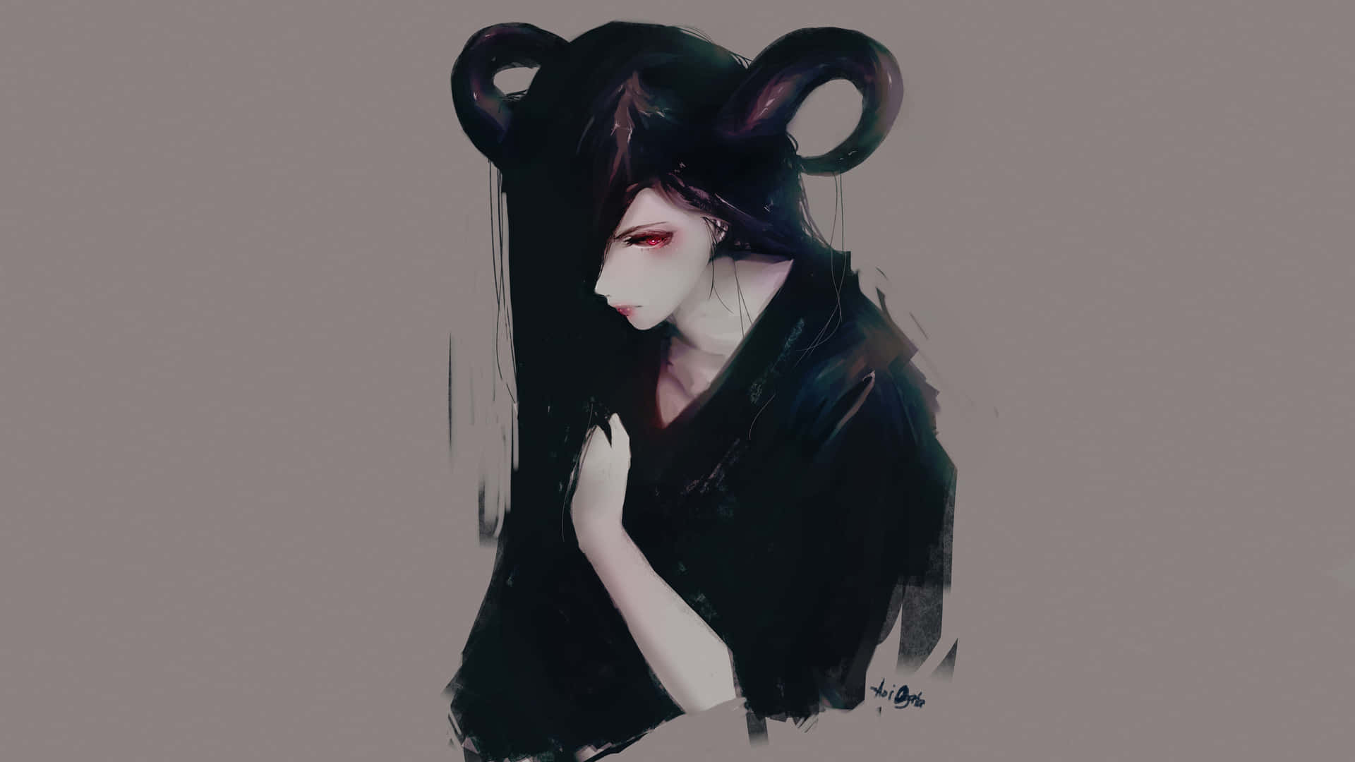 少女風 桌布 壁紙 — 一個憂鬱的動漫女孩，長著深色角和長髮，在一幅陰鬱的數位畫作中向下凝視。
