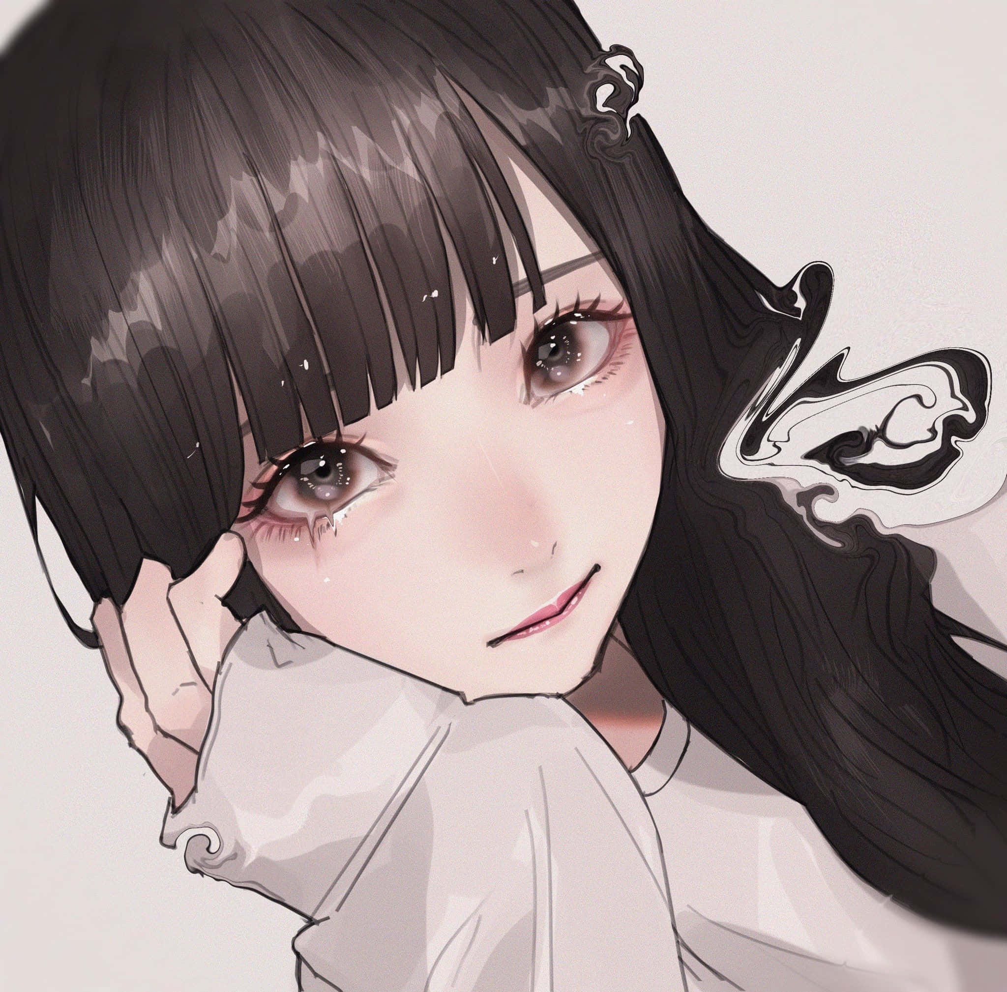 動漫藝術GIF 桌布 壁紙 — 一個憂鬱的動漫女孩，長著黑色長髮和含淚的眼睛，輕輕地凝視著，同時托著臉頰。