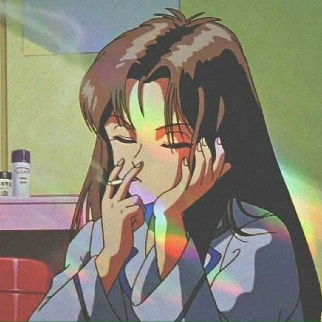Cute Aesthetic Profile 桌布 壁紙 — 一個憂鬱的動漫女孩，長長的棕色頭髮，抽著煙，頭靠在手上，靠著柔軟的綠色牆壁。