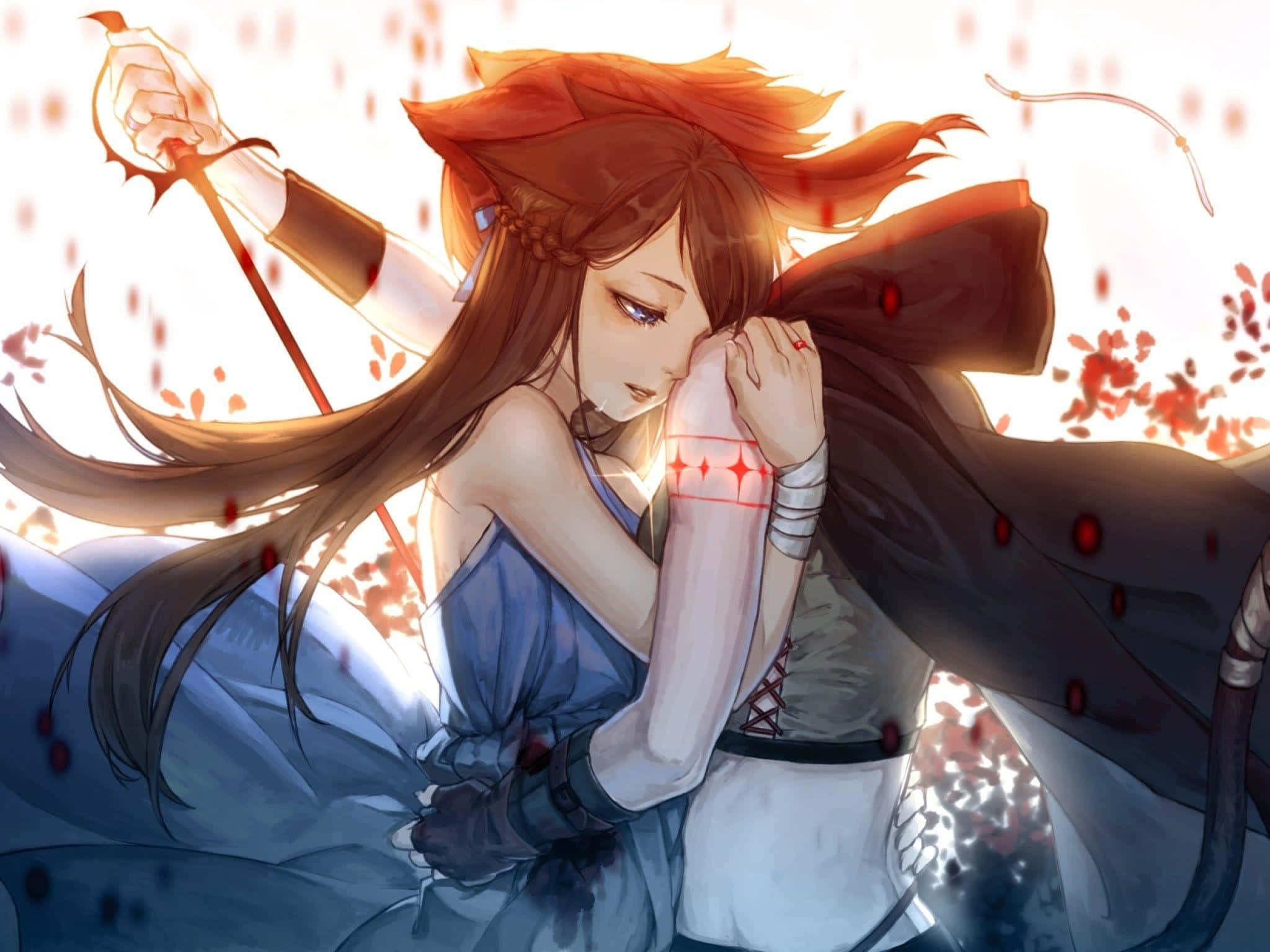 Animated 桌布 壁紙 — 一個憂鬱的動漫女孩，長長的棕色頭髮，抱著手臂，紅色花瓣在柔和的光芒中在她周圍飄落。