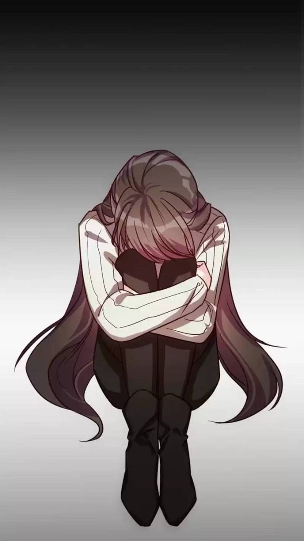 動漫女孩 桌布 壁紙 — 一個憂鬱的動漫女孩，長長的棕色頭髮，在灰色漸變背景前彎腰環抱自己。