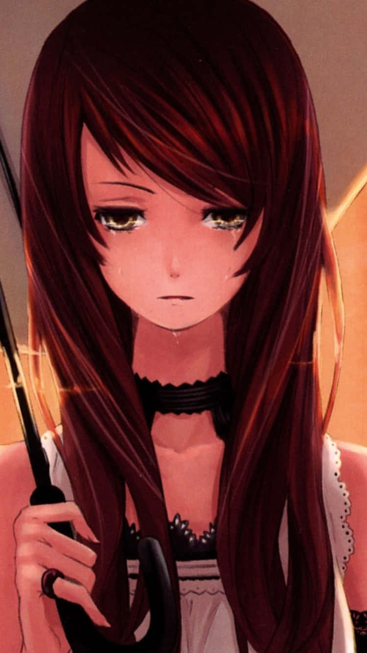 Sad Crying Anime 桌布 壁紙 — 一個憂鬱的動漫女孩，長長的紅髮，拿著一把黑色雨傘，在溫暖的燈光下，一滴淚珠從臉頰滑落。