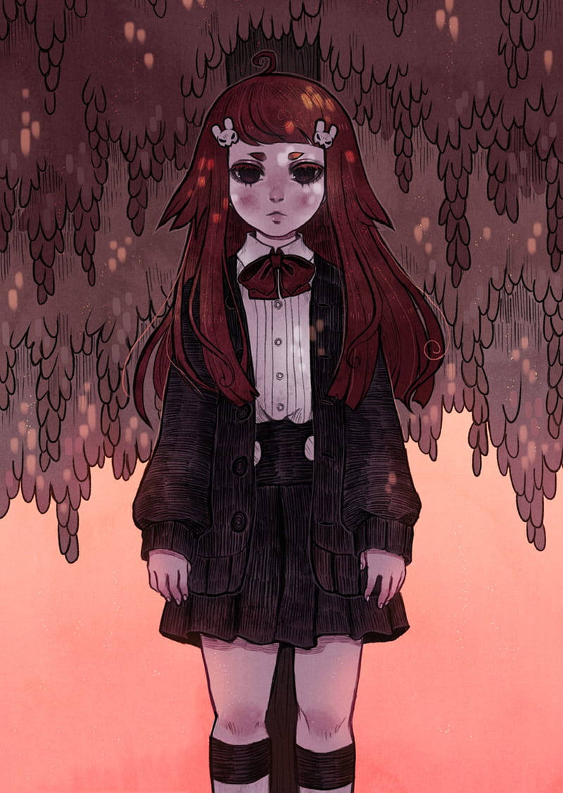 動漫女孩 桌布 壁紙 — 一個憂鬱的動漫女孩，長長的紅髮和深色校服，站在懸掛的藤蔓下，背景是柔和的粉紅色。