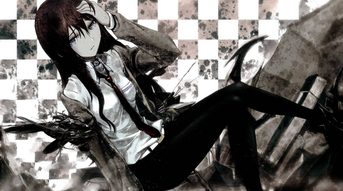 Steins Gate 桌布 壁紙 — 一個憂鬱的動漫女孩，長長的黑髮，坐在破碎的瓦礫中，背景是格子圖案。