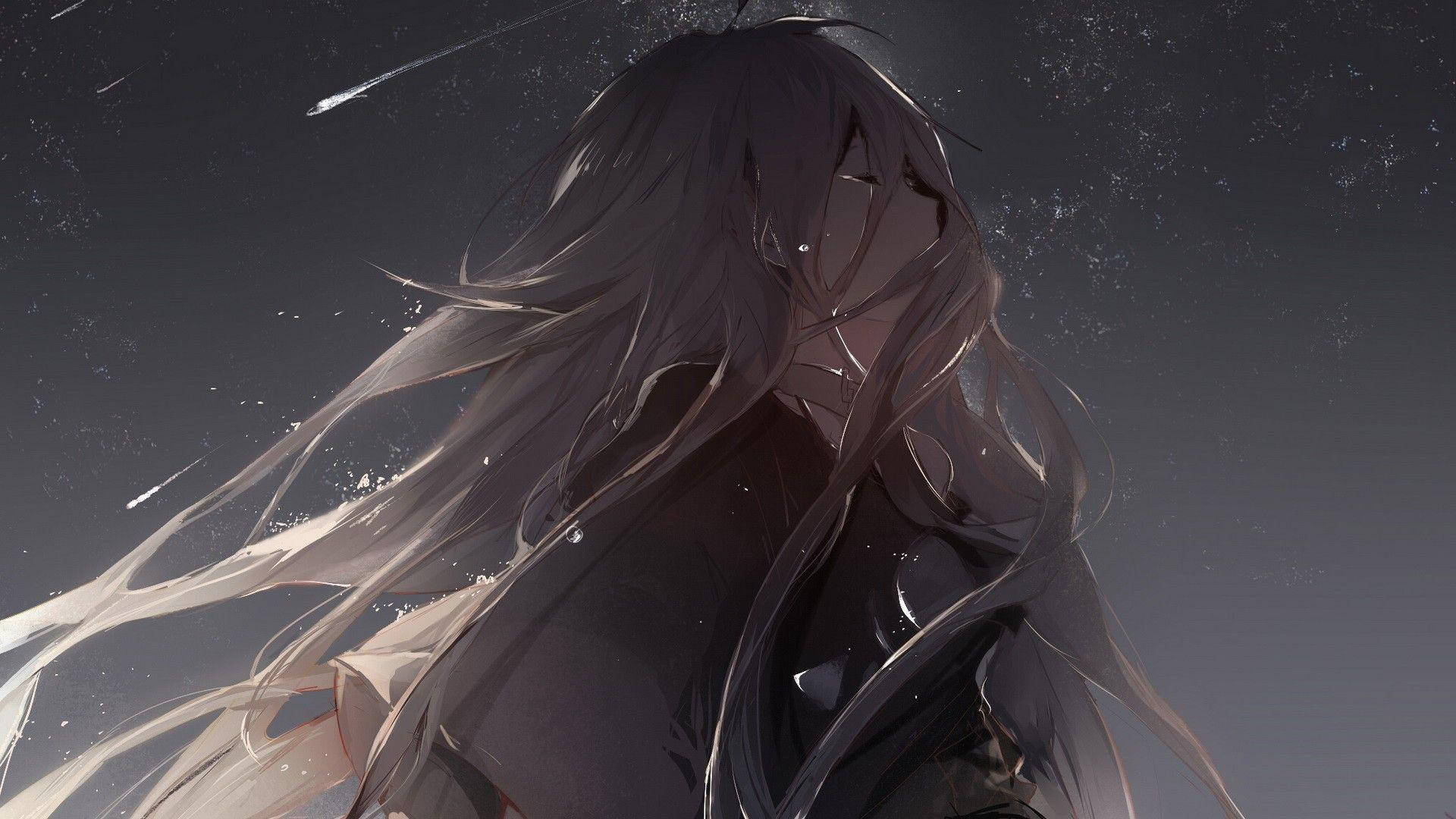 憂鬱動漫女孩 桌布 壁紙 — 一個憂鬱的動漫女孩，長長的黑髮，在繁星點點的夜空中飄浮，伴隨著墜落的粒子。