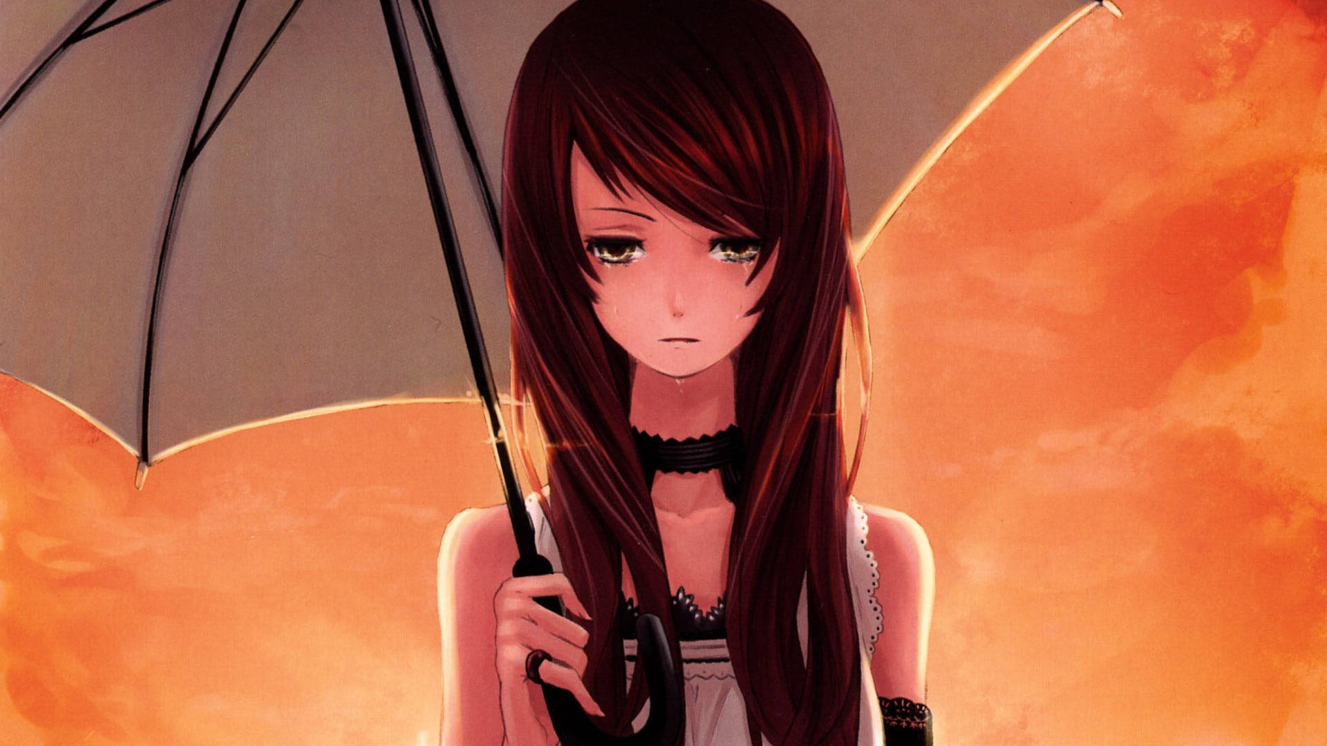 Sad Girl 桌布 壁紙 — 一個憂鬱的動漫女孩，長長的黑髮，在溫暖的橙色日落天空下撐著一把黑傘。