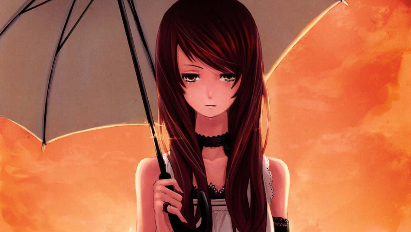 Beautiful Sad Anime 桌布 壁紙 — 一個憂鬱的動漫女孩，長長的黑髮，在溫暖的橙色日落天空下撐著一把黑傘。