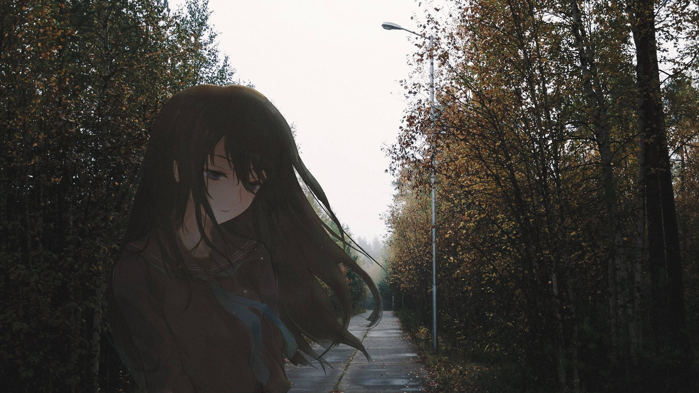 森林 桌布 壁紙 — 一個憂鬱的動漫女孩，長長的黑髮，站在一條霧氣瀰漫的秋天小徑上，兩旁種滿樹木和路燈。
