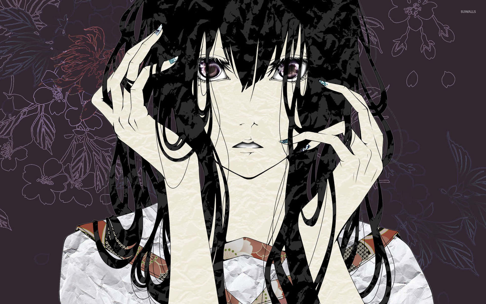 Sad Crying Anime 桌布 壁紙 — 一個憂鬱的動漫女孩，長長的黑髮和紫色的眼睛，輕輕地將臉貼在深色花卉背景上。