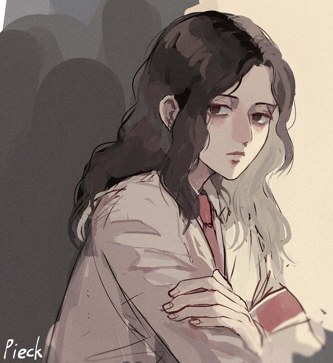 桌布 壁紙 — 一個憂鬱的動漫女孩，長長的黑髮和紅色領帶，在柔和光線和低調色調的插圖中向下凝視。