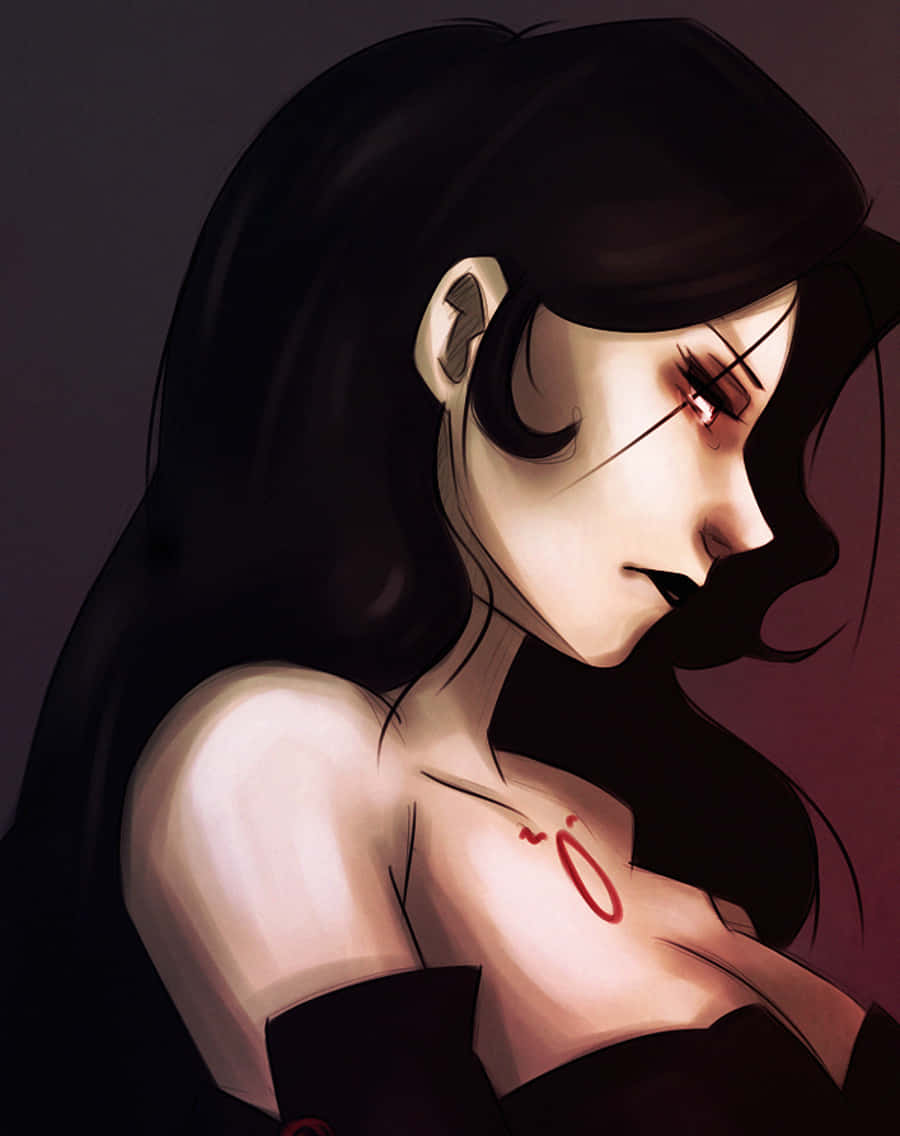 Fullmetal Alchemist Lust 桌布 壁紙 — 一個憂鬱的動漫女孩，長長的黑髮和紅色的眼睛標記，在深色漸變背景下低頭凝視。