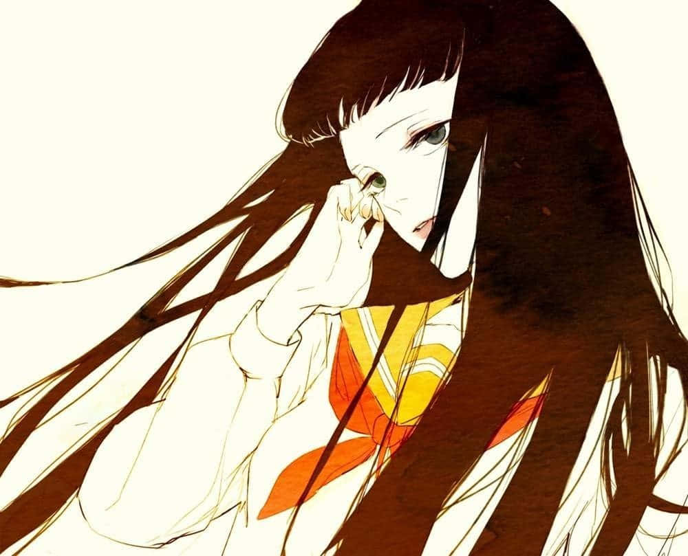 Rikako Oryo 桌布 壁紙 — 一個憂鬱的動漫女孩，長長的黑髮和黃色圍巾，在柔和的奶油色背景上輕輕觸碰她的眼睛。