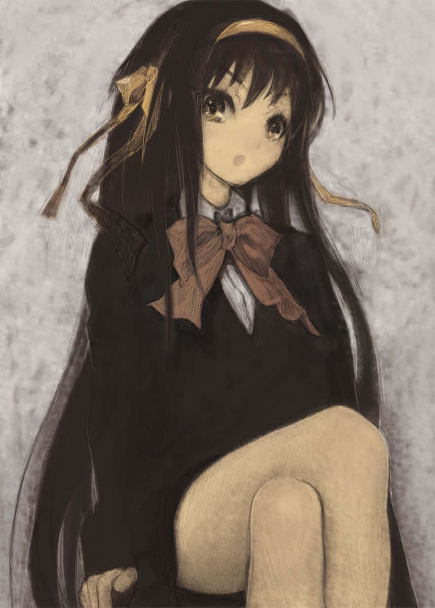 Mikuru Asahina 桌布 壁紙 — 一個憂鬱的動漫女孩，長長的黑髮和棕色蝴蝶結，靠著紋理灰色牆壁坐著，她的大眼睛柔和地向上凝視。