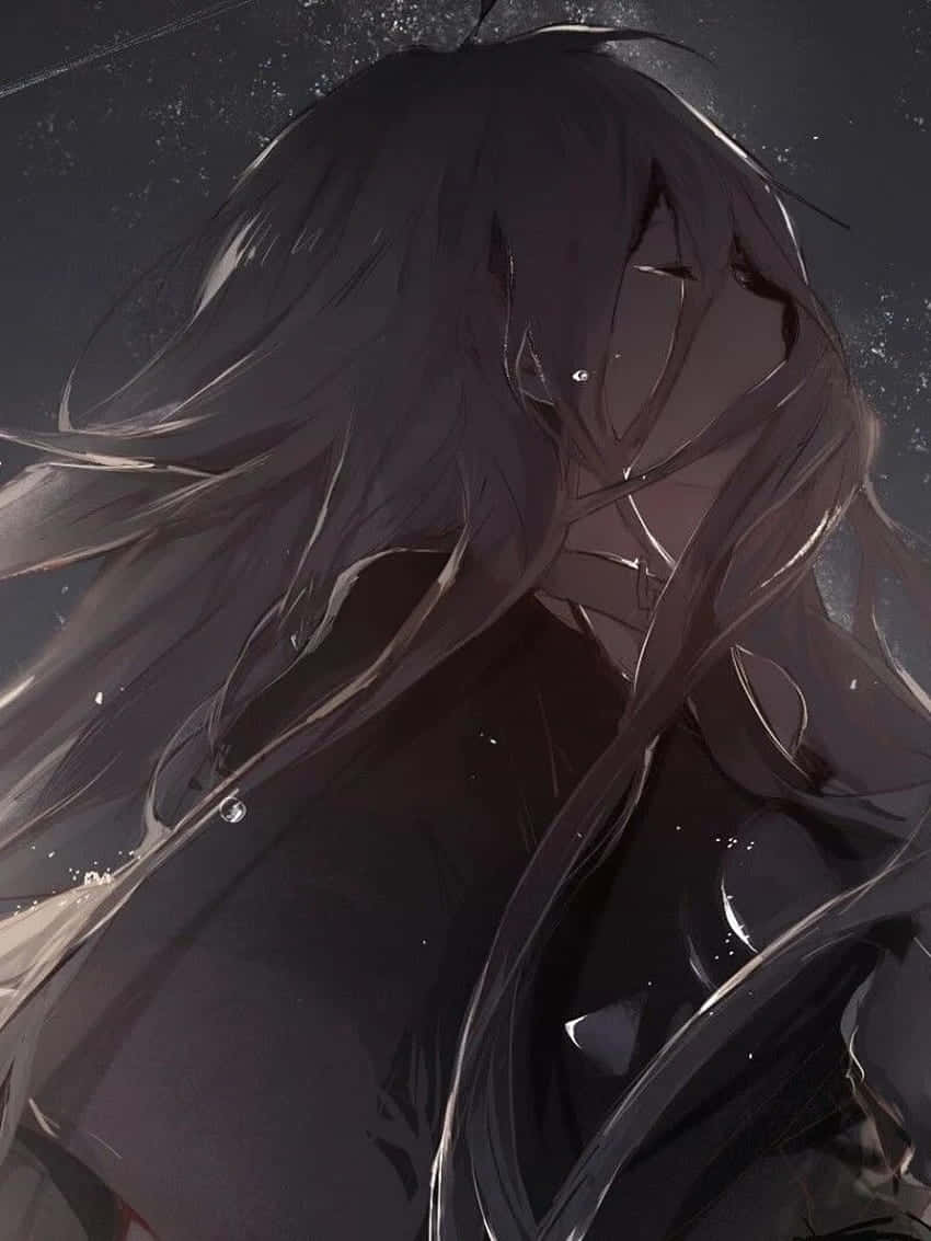crying anime 桌布 壁紙 — 一個憂鬱的動漫女孩，長長的黑髮和含淚的眼睛，仰望繁星點點的夜空。