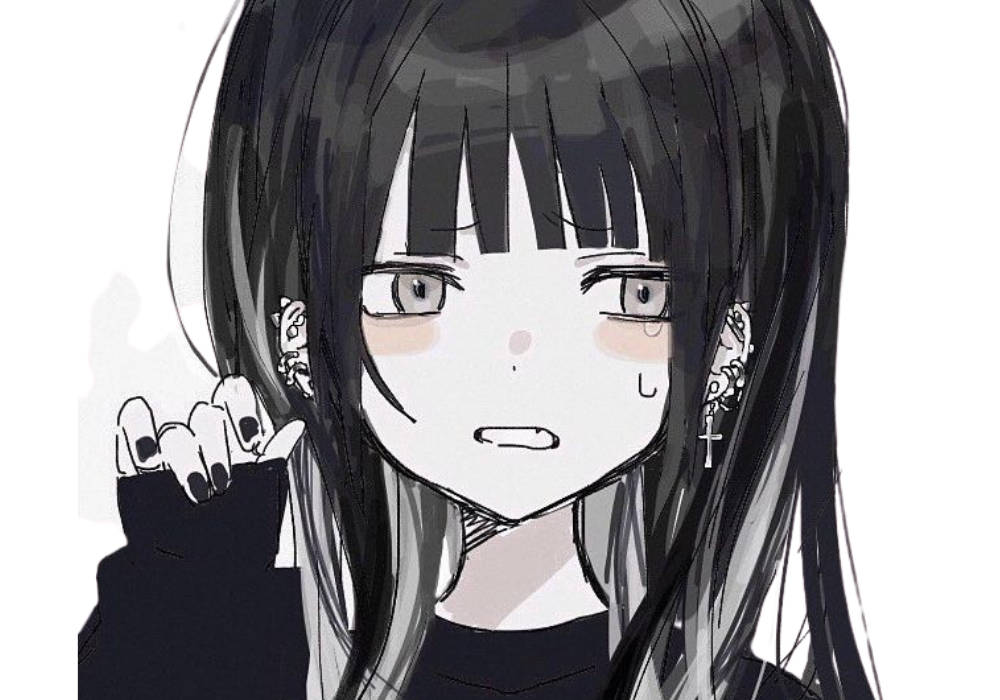 Edgy 桌布 壁紙 — 一個憂鬱的動漫女孩，長長的黑髮和含淚的眼睛，在純白的背景上舉起戴著手套的手。