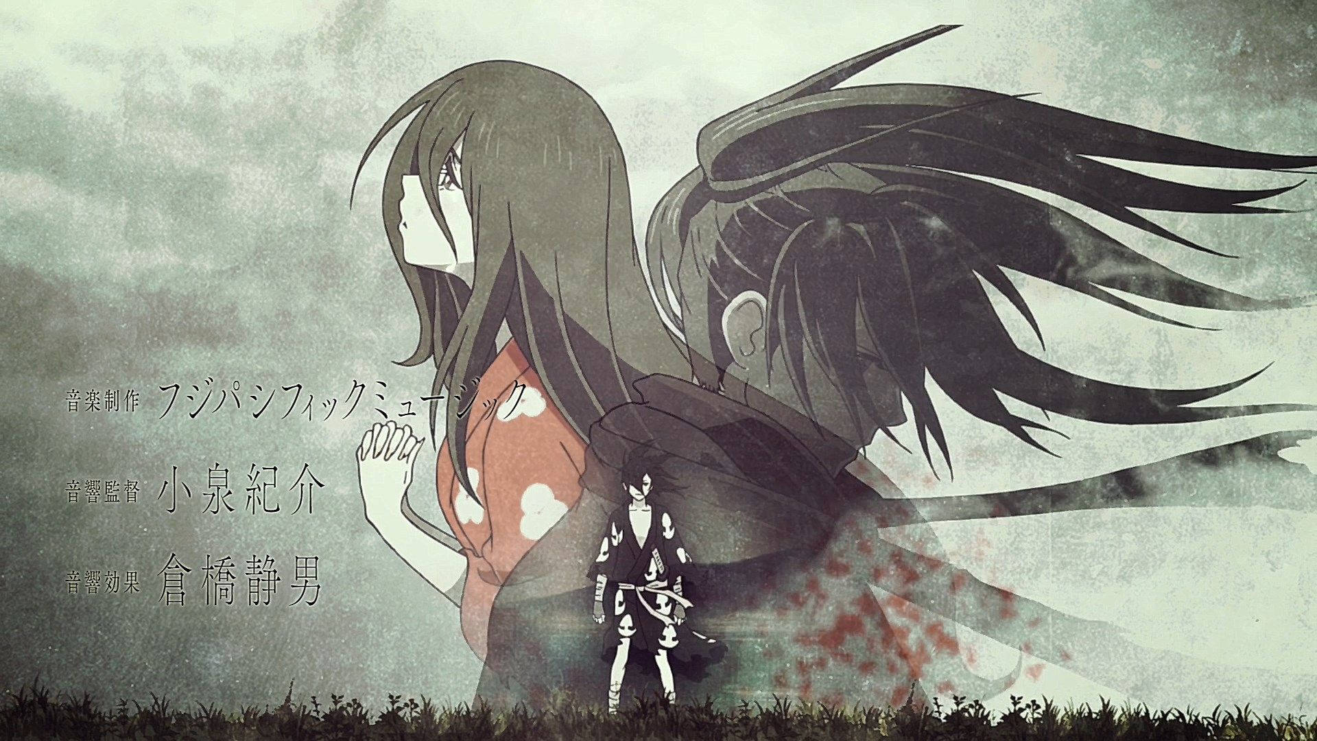 多羅羅 桌布 壁紙 — 一個憂鬱的動漫女孩，長長的黑髮和翅膀，站在暴風雨天空下的草地上的一個小人影後面。