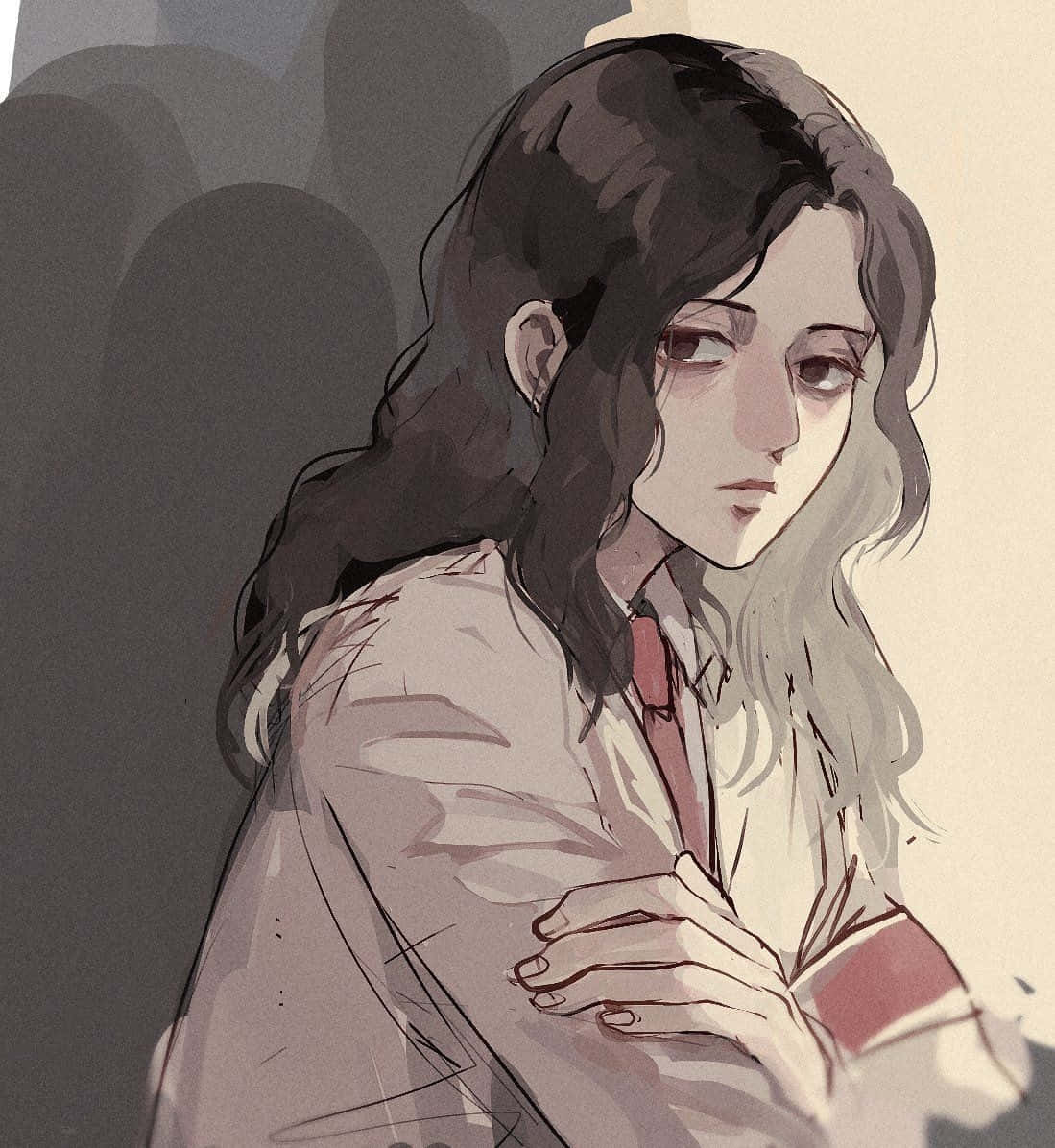 Pieck Finger 桌布 壁紙 — 一個憂鬱的動漫女孩，長長的黑髮和紅色領帶，在柔和光線、色調柔和的插圖中向下凝視。