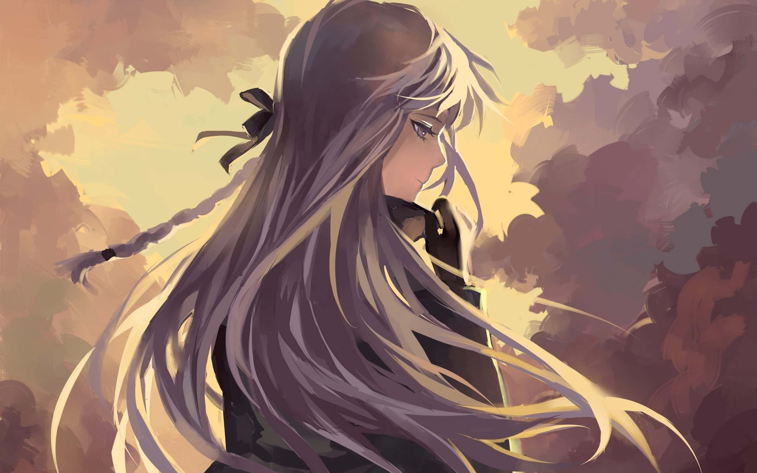動漫女孩 桌布 壁紙 — 一個憂鬱的動漫女孩，長長銀色頭髮和黑色蝴蝶結，在溫暖色調的多雲天空下向下凝視。